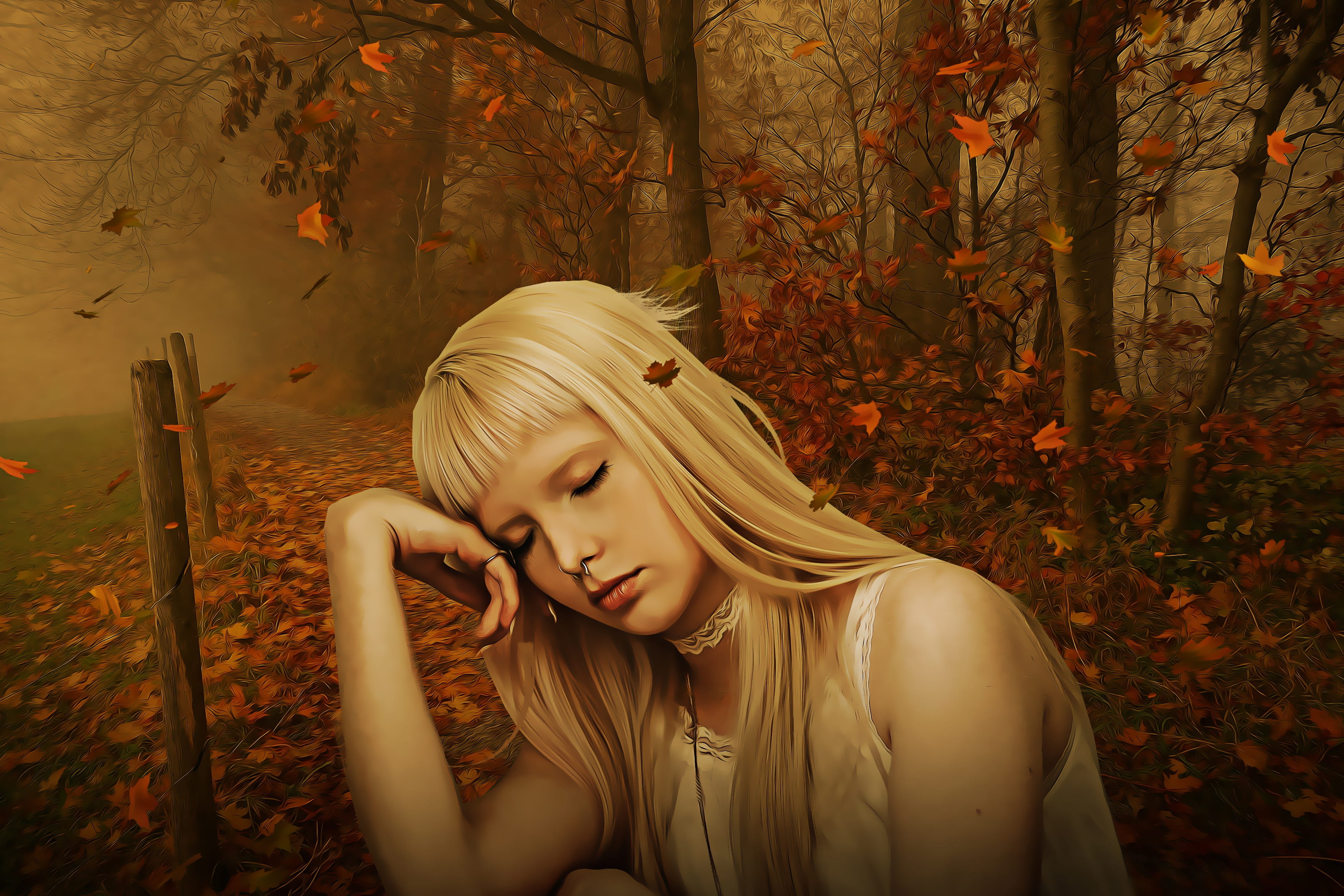 fantasy, lifestyles, woman, leaf, model, depression - sadness, young, red, autumn, october, falling leaves, beauty, casual clothing, gothic, blond hair, HD Wallpaper