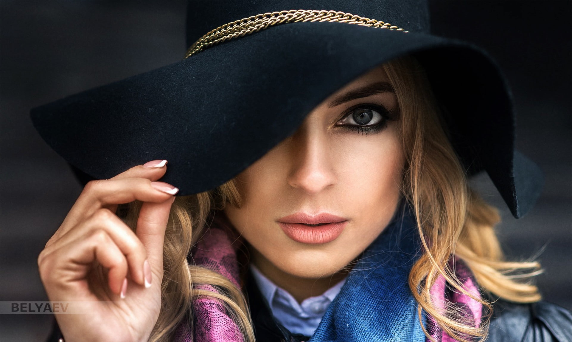 1080P, women, millinery, portrait, face, blonde, glamour women, hat, Dmitry Belyaev, HD Wallpaper
