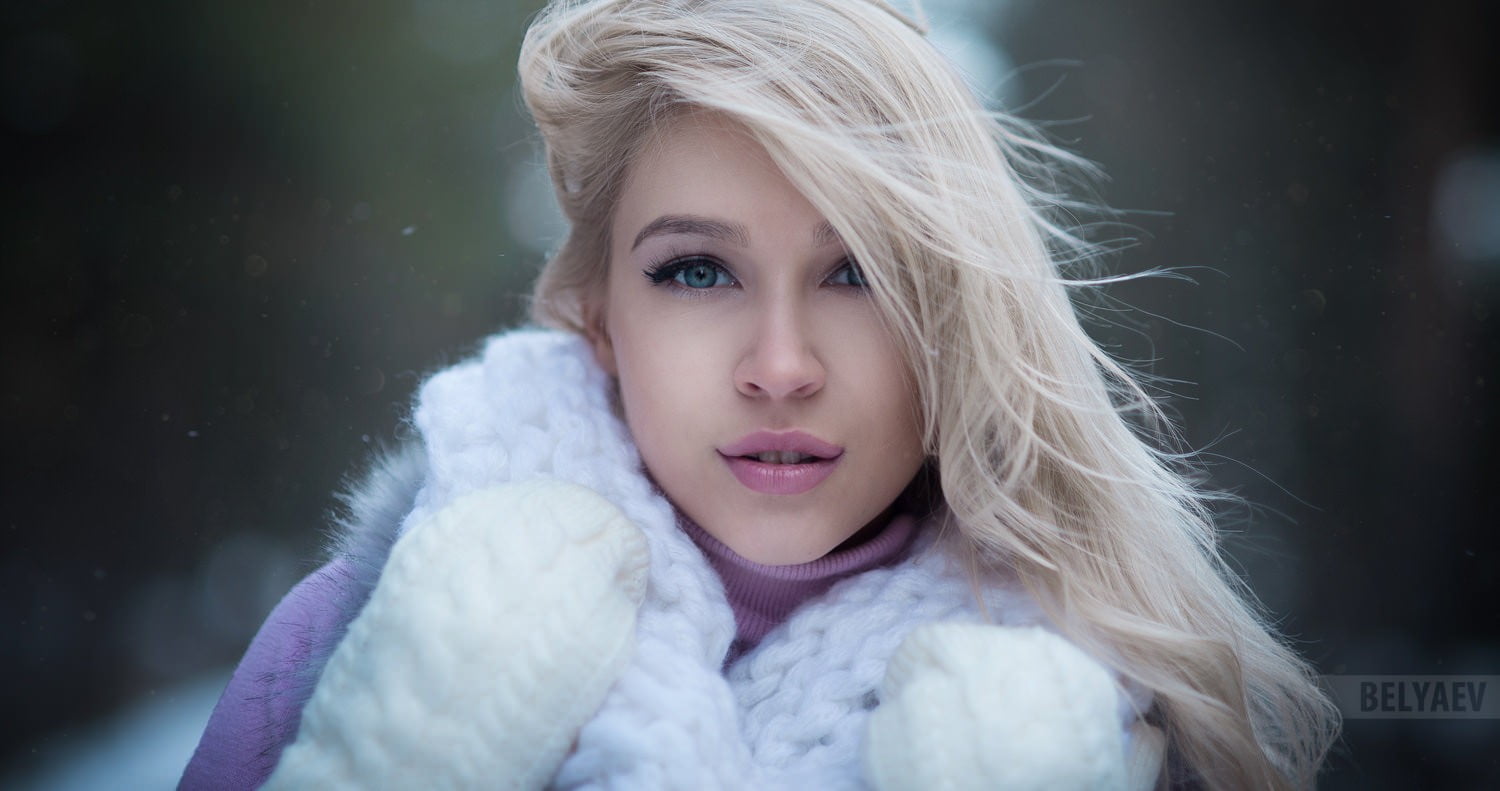 warm clothing, beauty, young women, pink lipstick, front view, women, portrait, blonde, scarf, winter, hair, outdoors, Dmitry Belyaev, looking at camera, HD Wallpaper