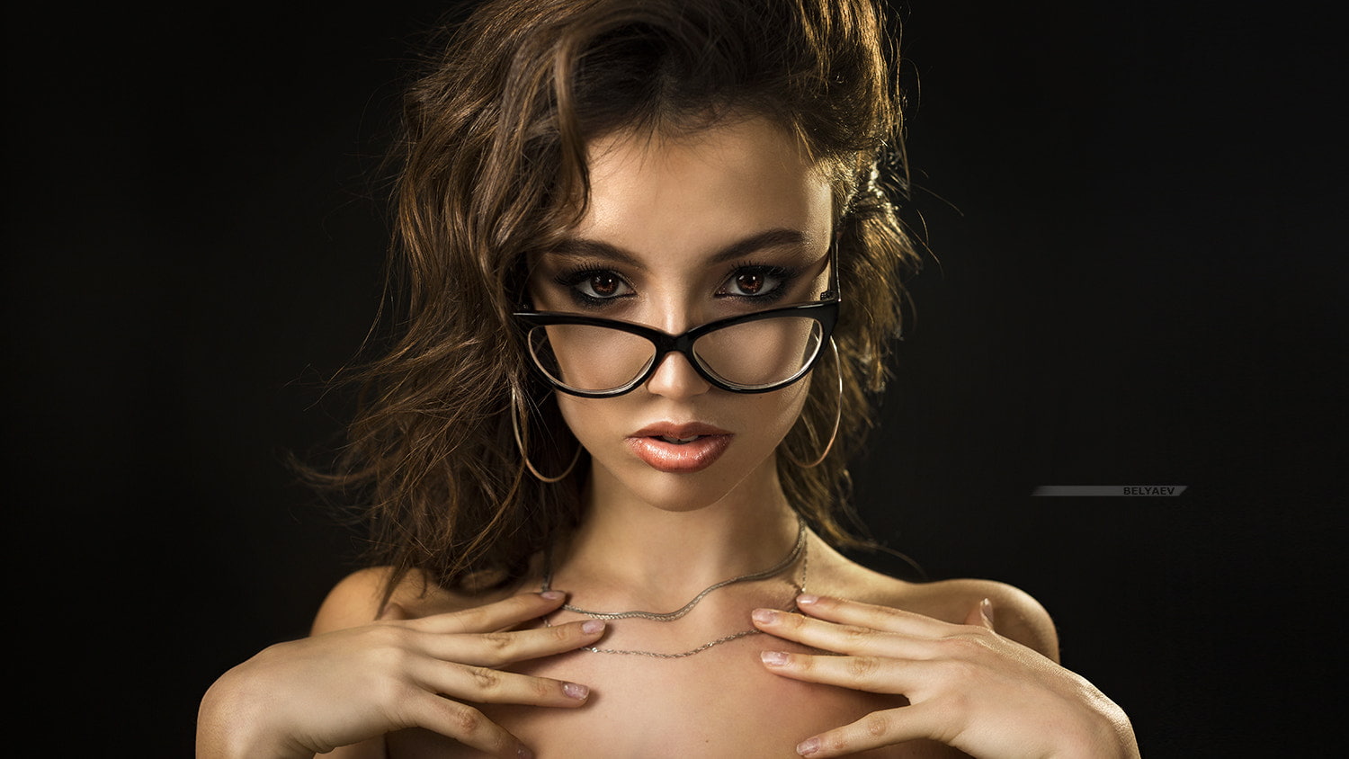 women with glasses, bare shoulders, women, face, portrait, Dmitry Belyaev, black background, 720P, HD Wallpaper