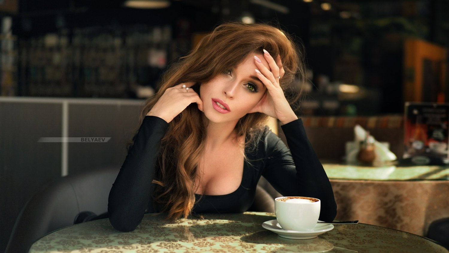 face, women, hand on face, 720P, portrait, black clothing, cleavage, green eyes, Dmitry Belyaev, brunette, coffee, pink lipstick, HD Wallpaper