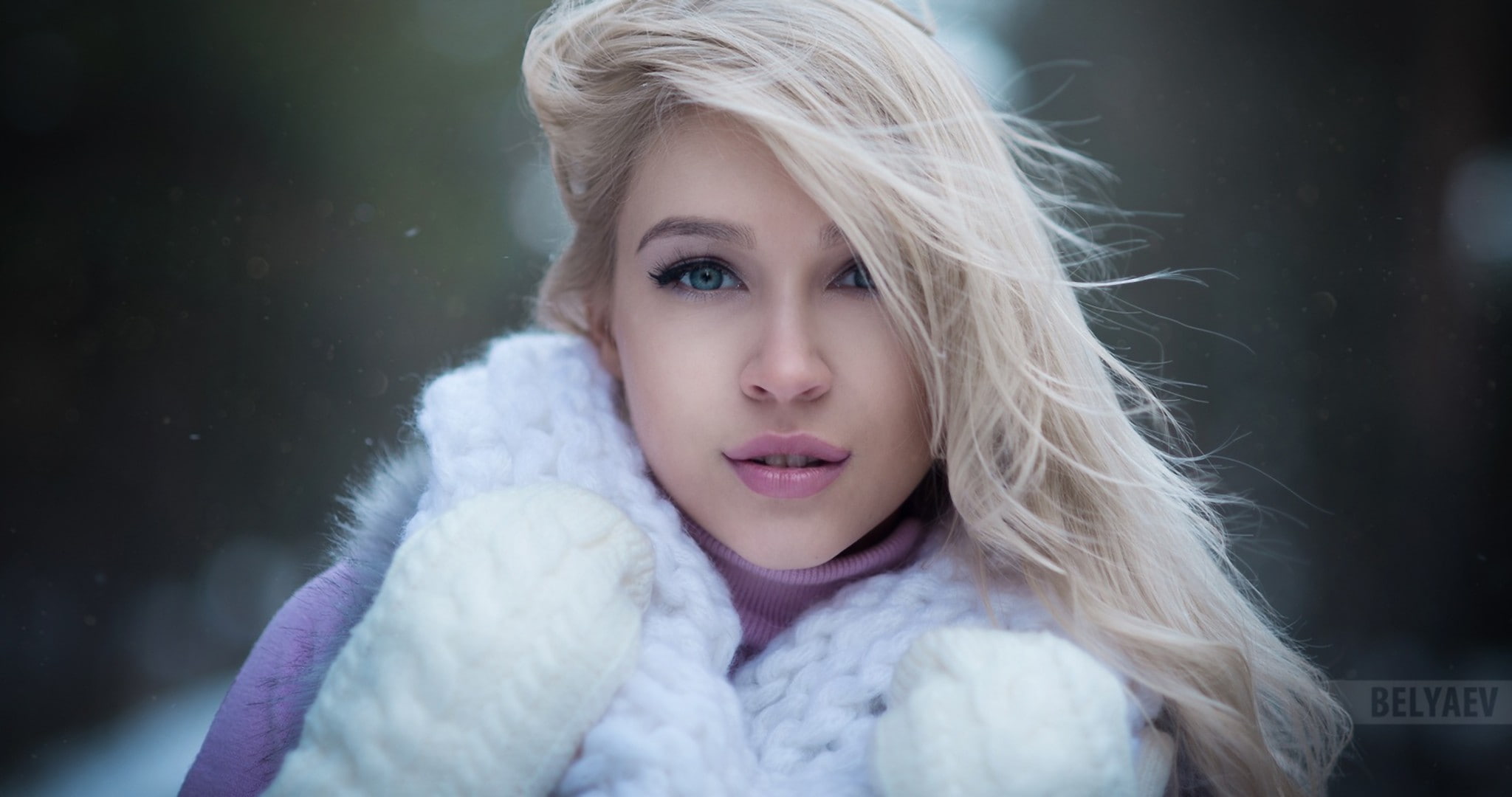 fur, face, pink lipstick, blonde, Dmitry Belyaev, depth of field, 1080P, women, blue eyes, hair in face, gloves, HD Wallpaper