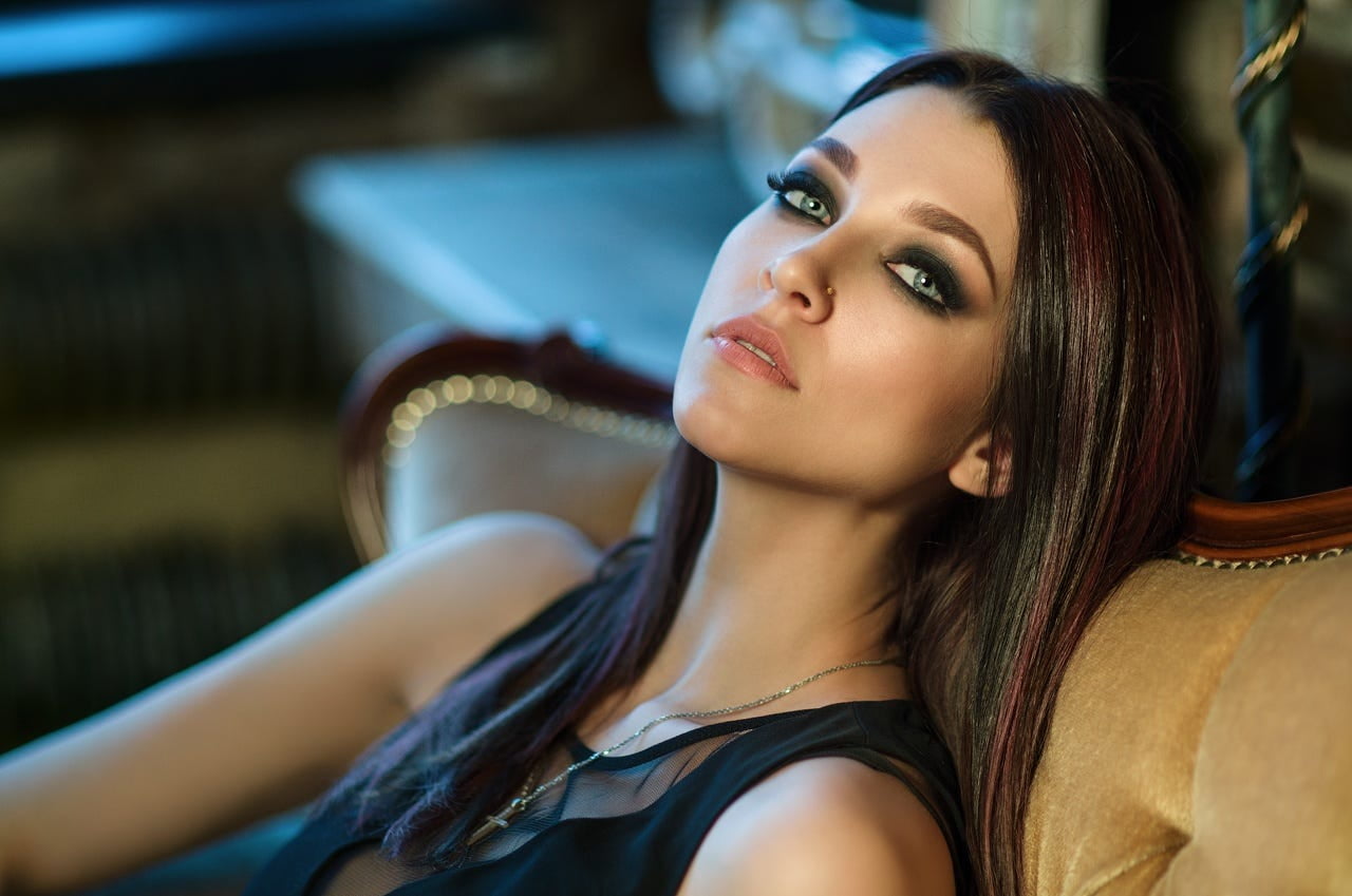eyeshadow, looking at viewer, lipstick, women, cross, portrait, necklace, straight hair, long hair, black clothing, jewelry, redhead, makeup, Dmitry Belyaev, HD Wallpaper