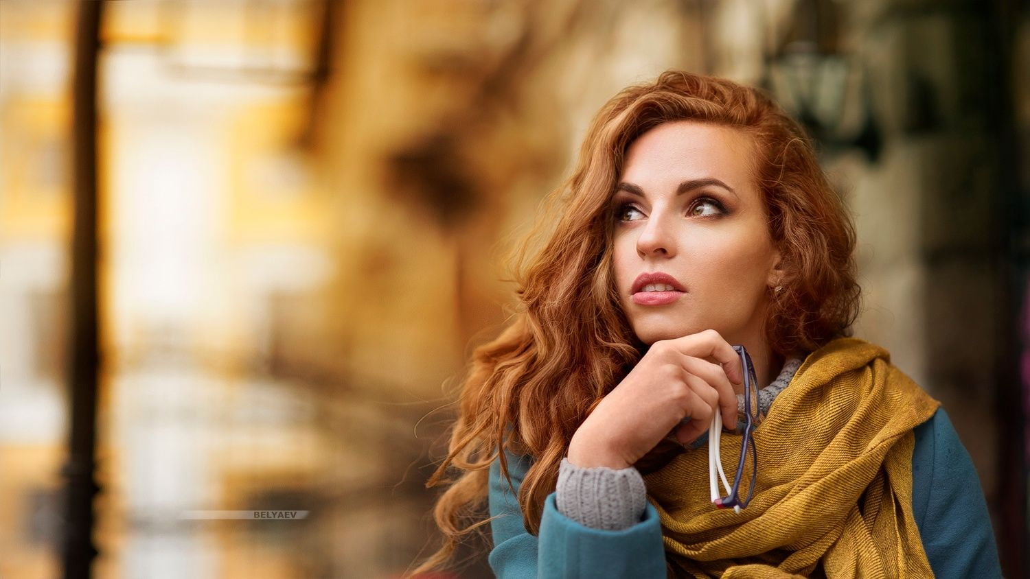 blue, 720P, wavy hair, yellow, scarf, blouse, long hair, redhead, sunglasses, sweater, looking away, Dmitry Belyaev, portrait, women, HD Wallpaper