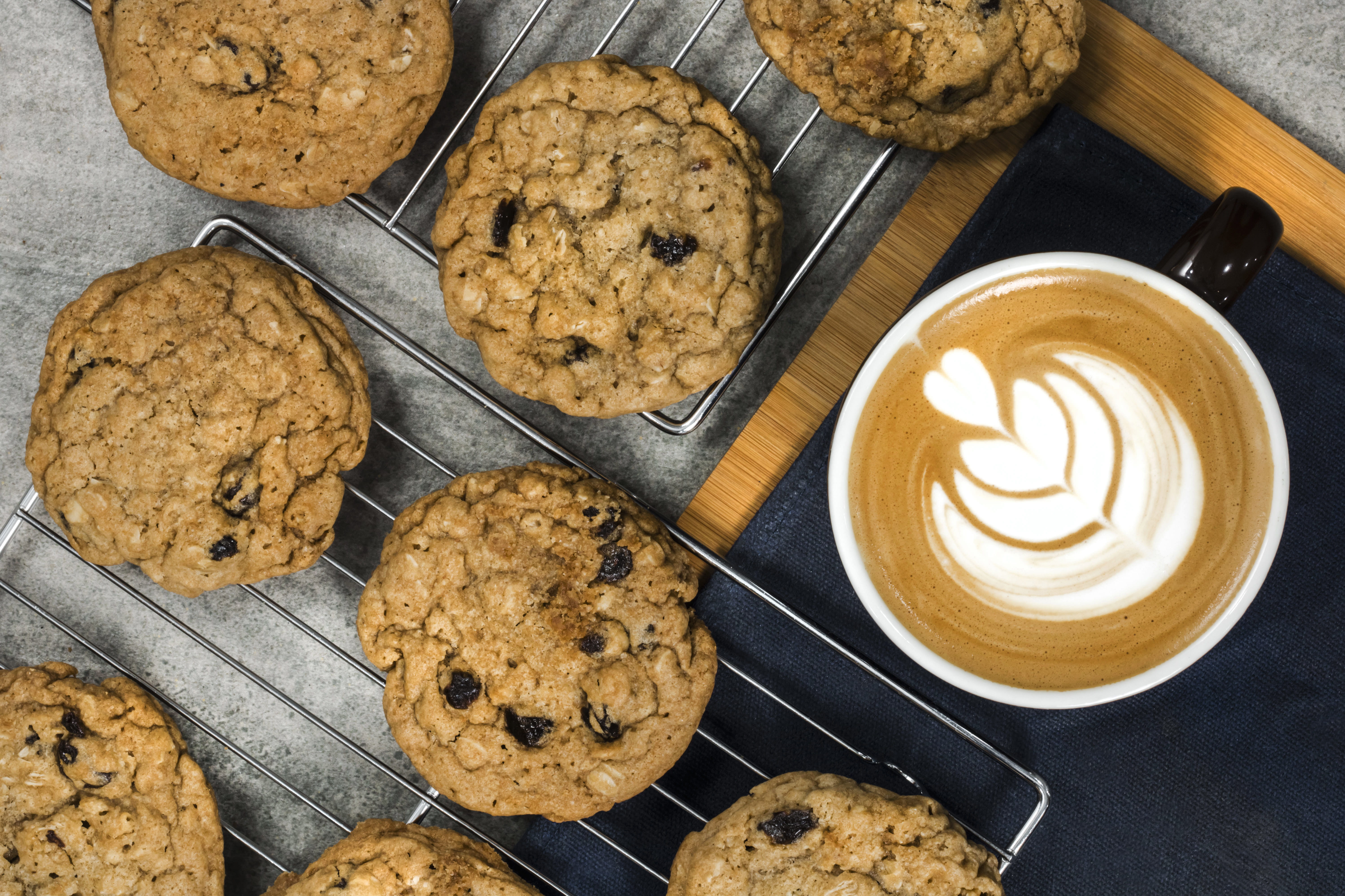 baked, chocolate Chip, table, freshness, oatmeal and raisin cookie, chocolate Chip Cookie, sweet Food, coffee shop, cooky, refreshment, chocolate, wood - Material, HD Wallpaper