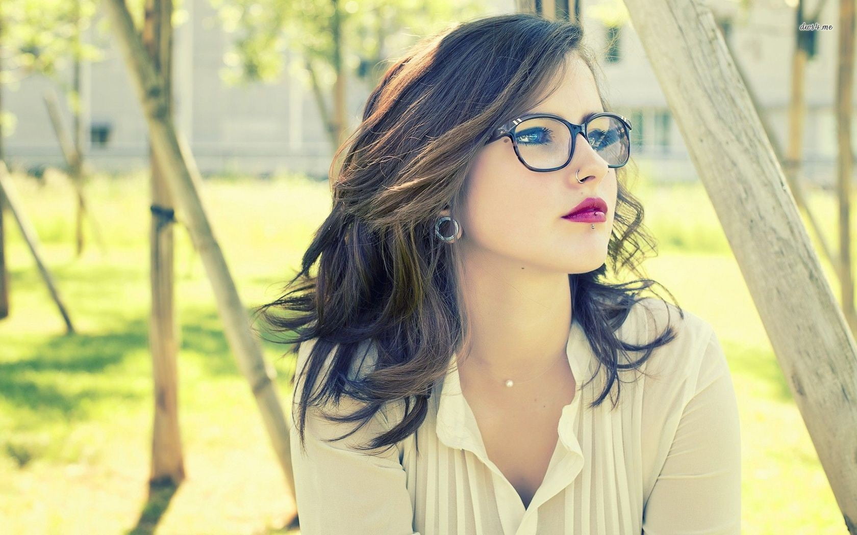 young women, leisure activity, brunette, beautiful woman, black, looking into the distance, young adult, one person, eyeglasses, beauty, pierced lip, front view, HD Wallpaper