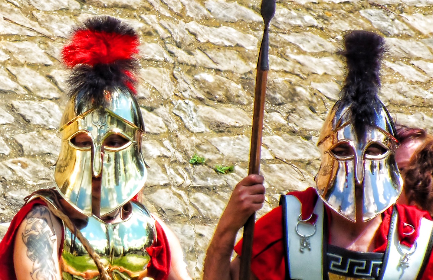 helmet, 720P, people, head, grecian, human representation, facade, symbolic, spear, period Costume, architectural, cover, costume, wearing, disguise, emblem, HD Wallpaper