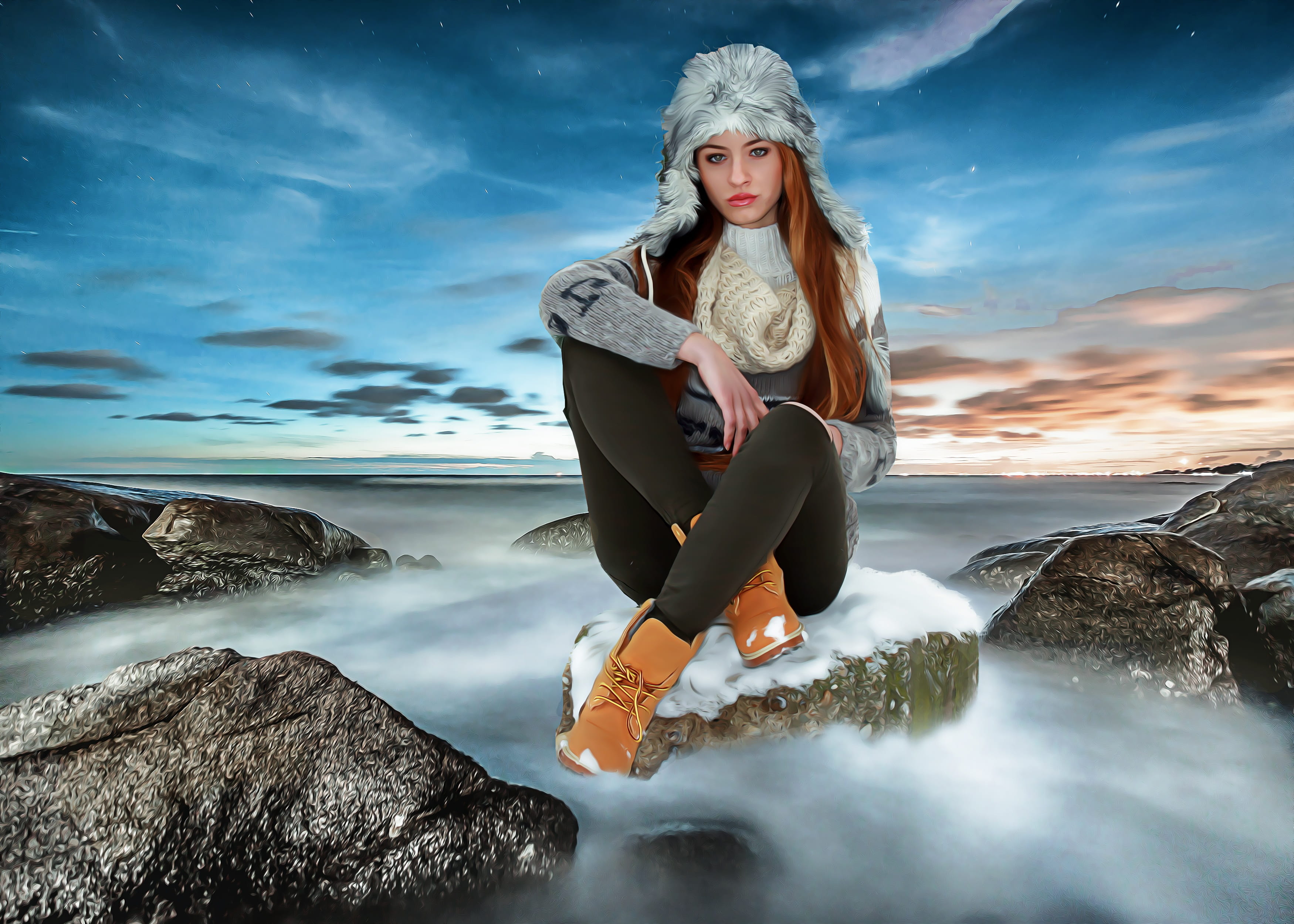 young adult, young, gray, fantasy, nature, leisure activity, clouds, sky, looking at camera, fantasy portrait, cloud - sky, rock - object, 2K, portrait, HD Wallpaper