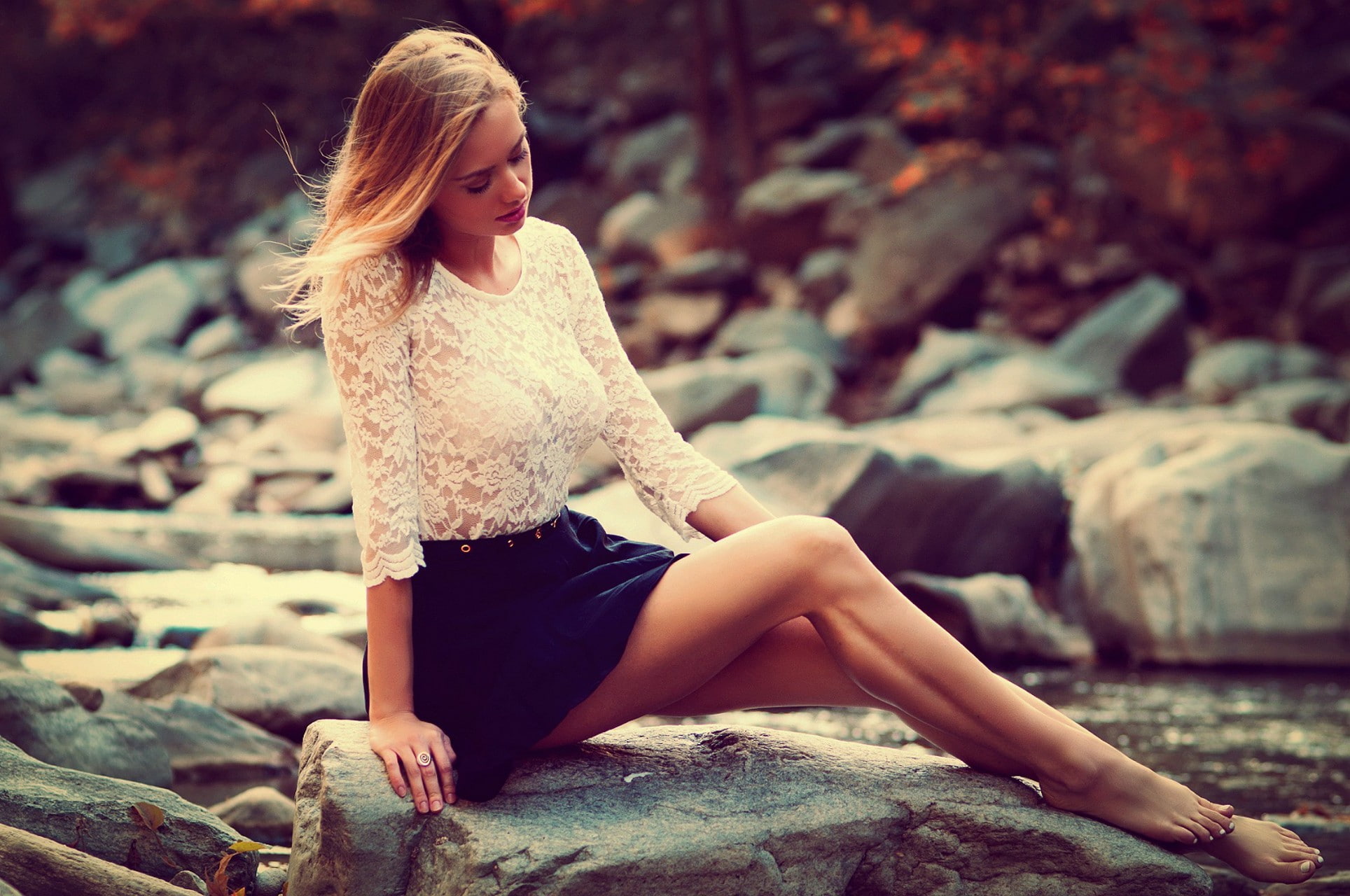1080P, women hair legs blonde dress skirt model nature hill lake sitting karolina debczynska, HD Wallpaper
