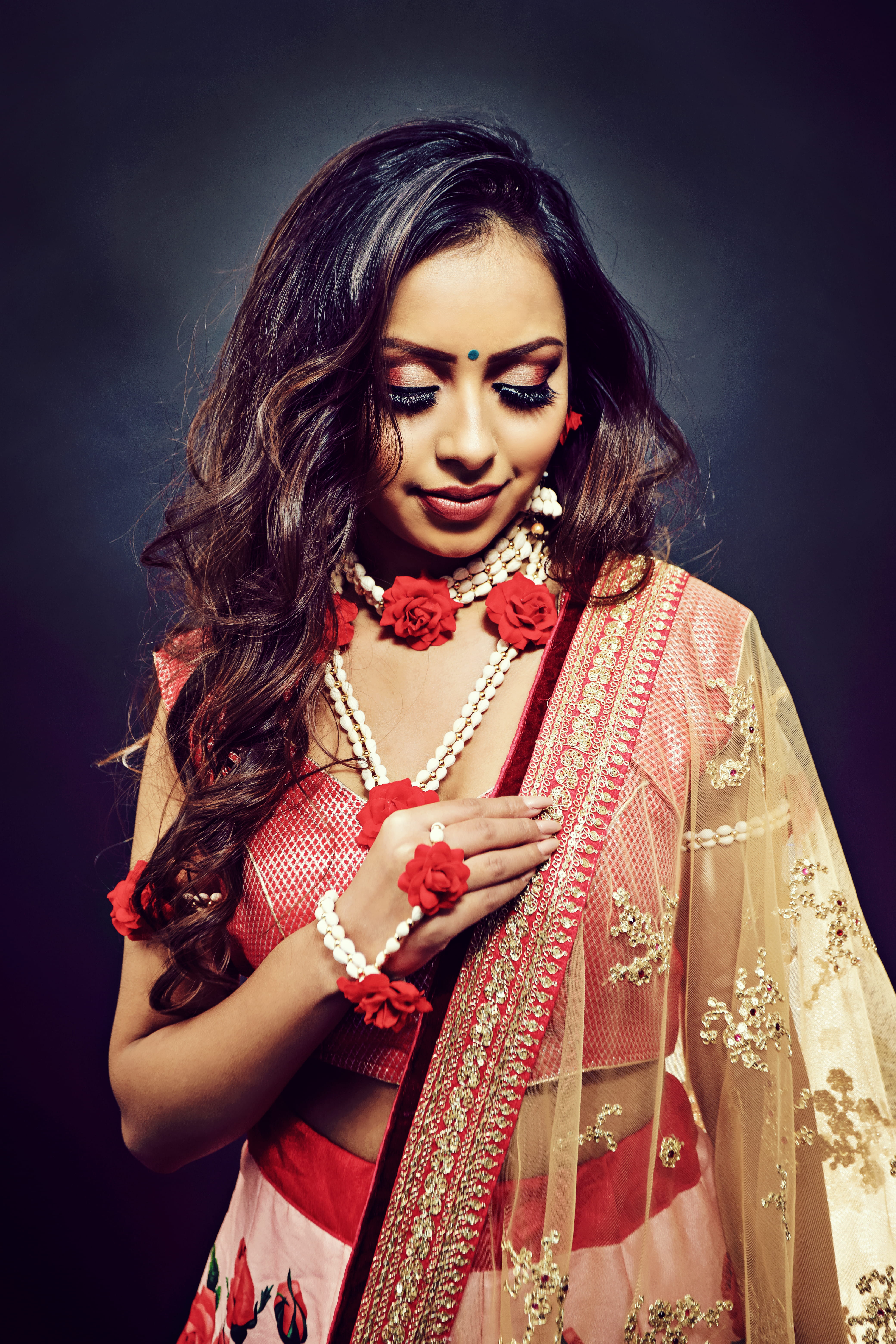 portrait, hair, young adult, bracelet, traditional clothing, choli, clothing, hairstyle, one person, studio shot, gagra, jewelry, black background, adult, Phone HD Wallpaper