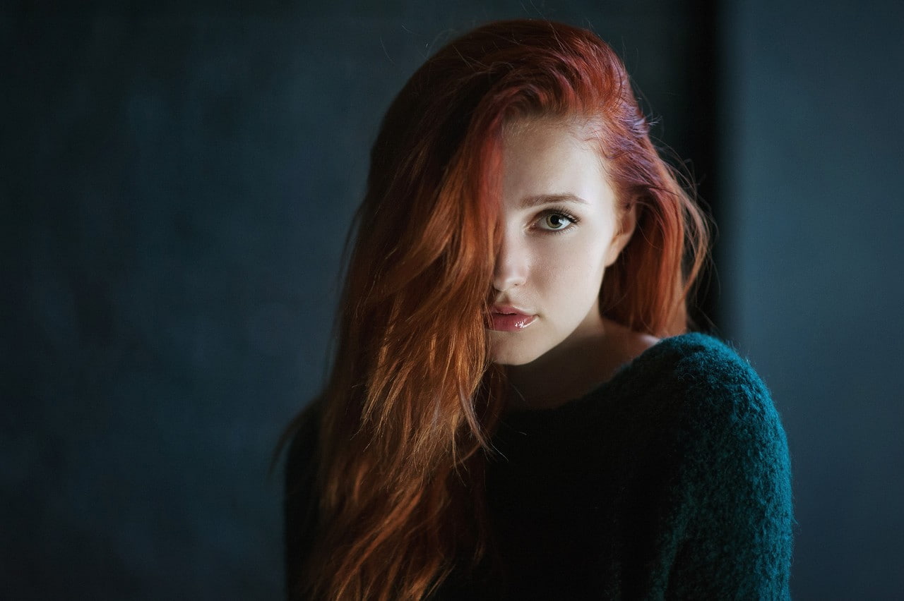 sweater, redhead, looking at viewer, eyeliner, 720P, model, blue sweater, pink lipstick, hair in face, women, women indoors, HD Wallpaper