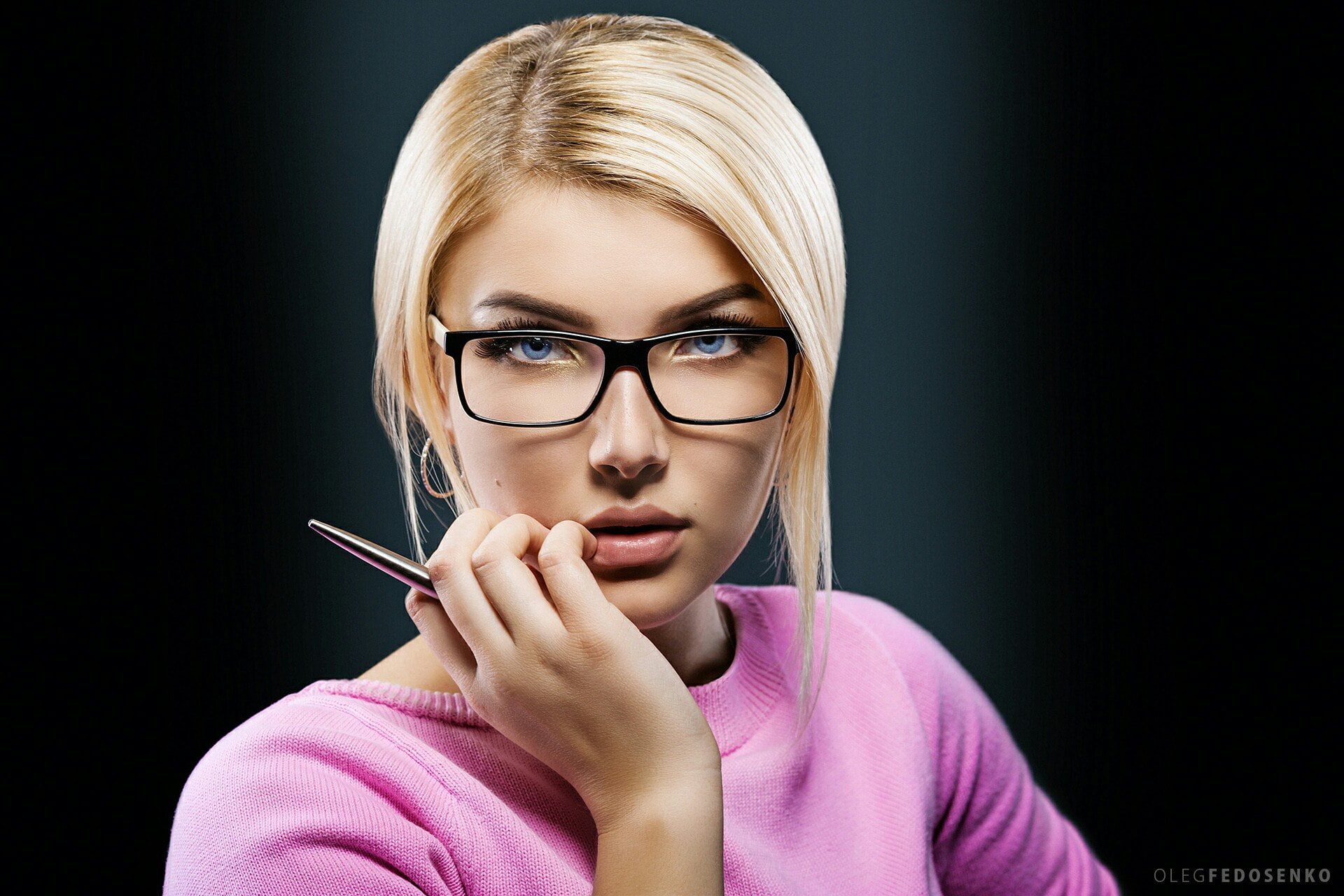 sweater, blonde, face, pink sweater, women, blue eyes, 1080P, women with glasses, HD Wallpaper