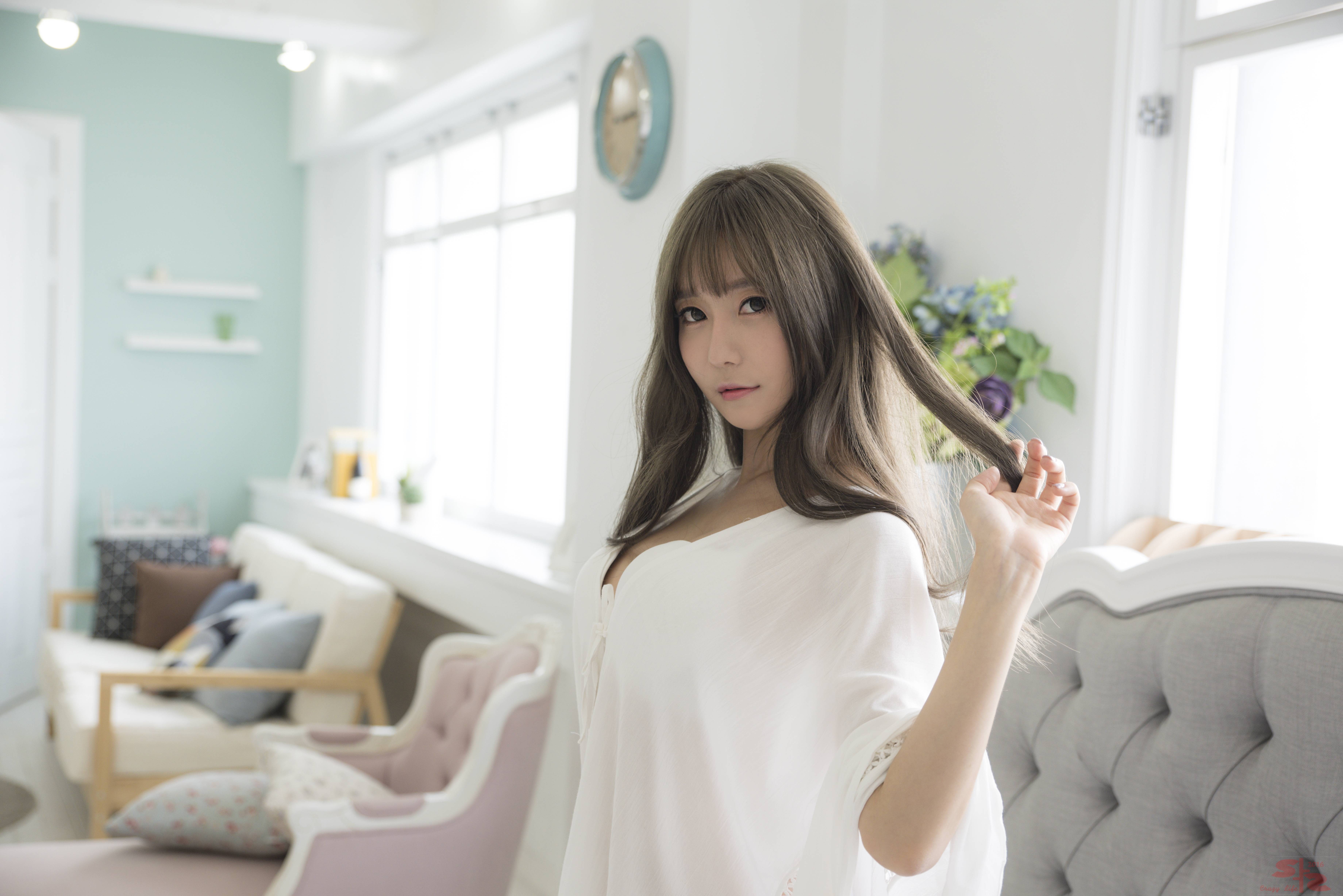 long hair, women, wavy hair, model, Asian, brunette, white clothing, 5K, Choi Seul GI, women indoors, looking at viewer, HD Wallpaper