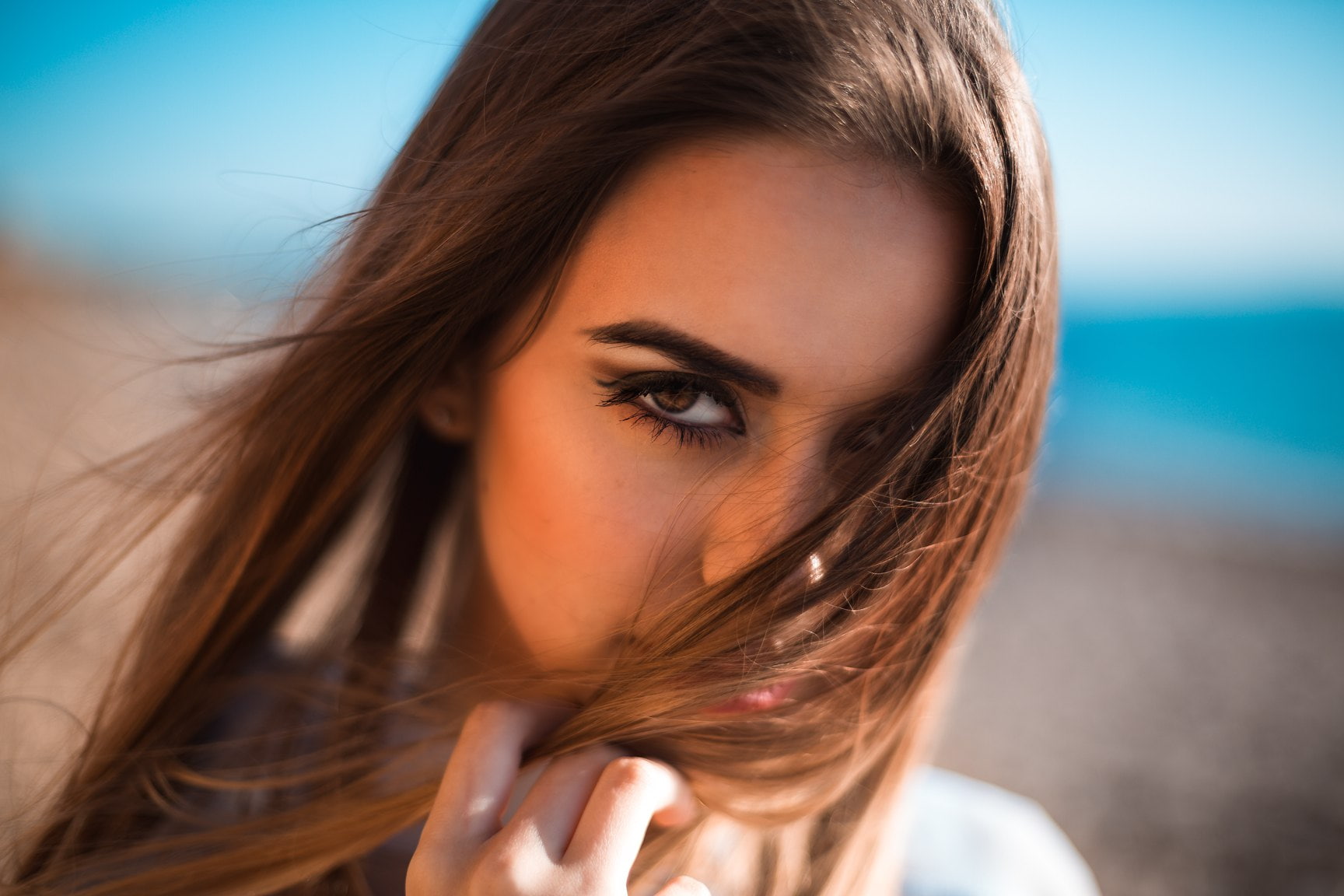 beauty, Ellina Russo, face, portrait, long hair, headshot, focus on foreground, beautiful people, human hair, brown eyes, hair in face, hairstyle, human body part, HD Wallpaper