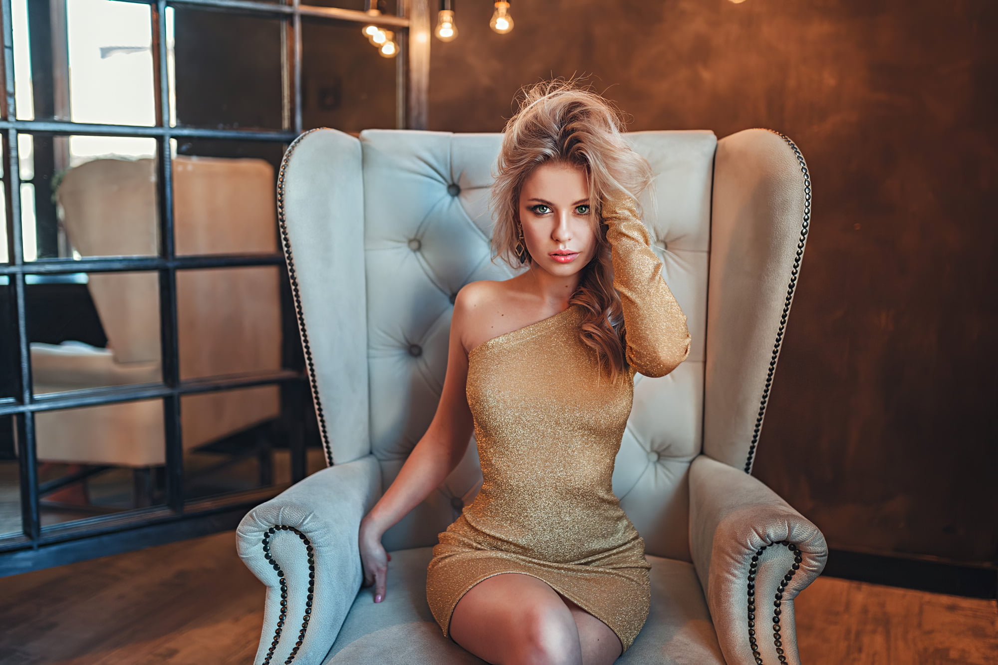 reflection, dress, sitting, armchair, light bulb, pink nails, women indoors, women, Grigoriy Lifin, 1080P, blonde, HD Wallpaper