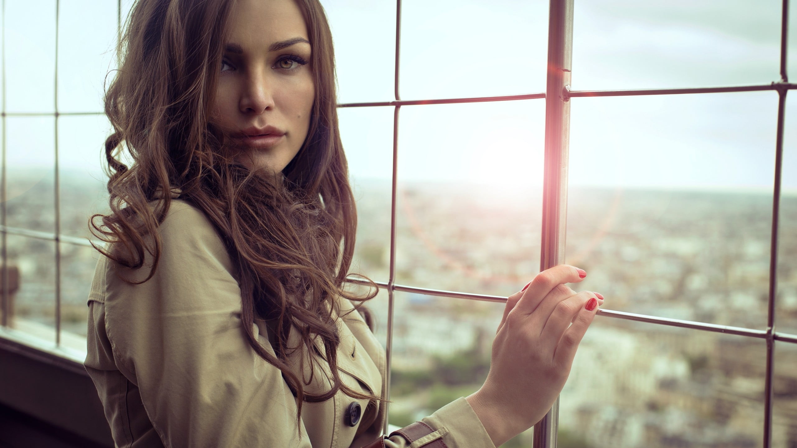 coats, looking at viewer, portrait, looking, brown hair, one person, trench coat, women, beautiful woman, young adult, young women, contemplation, model, HD Wallpaper