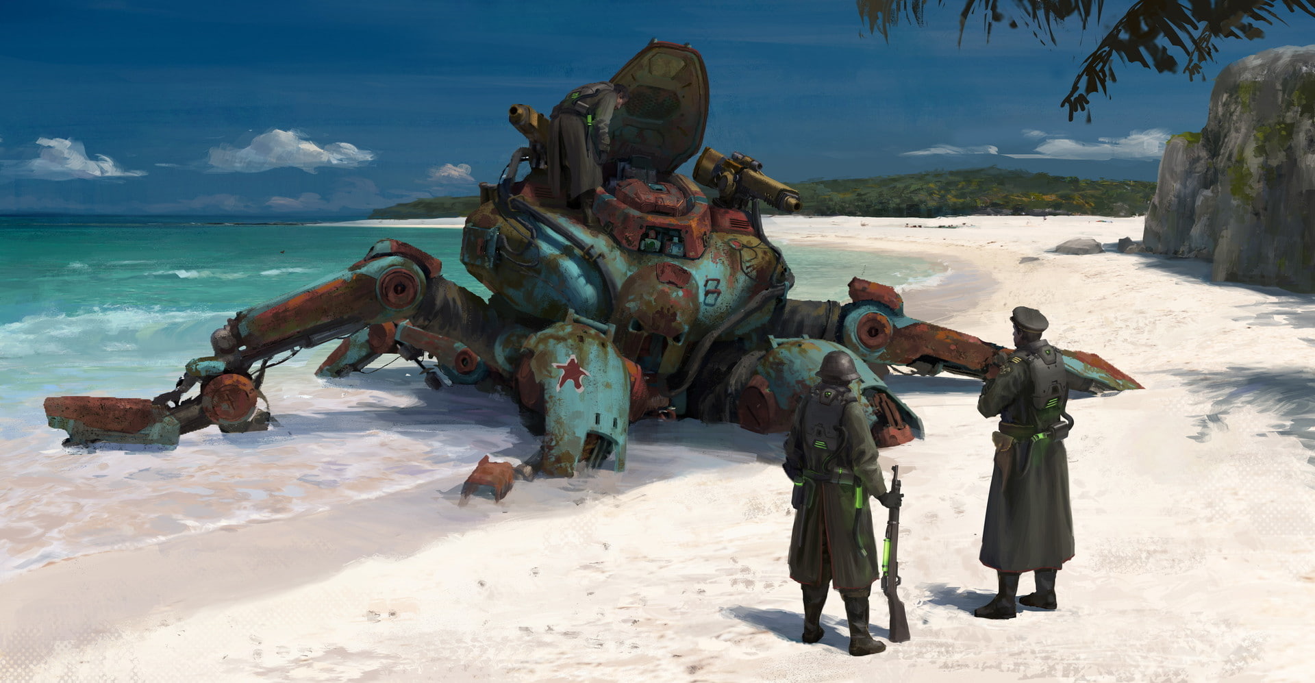 1080P, beach, weapon, fantasy art, trench coat, soviet, tropical, futuristic, wreck, water, HD Wallpaper