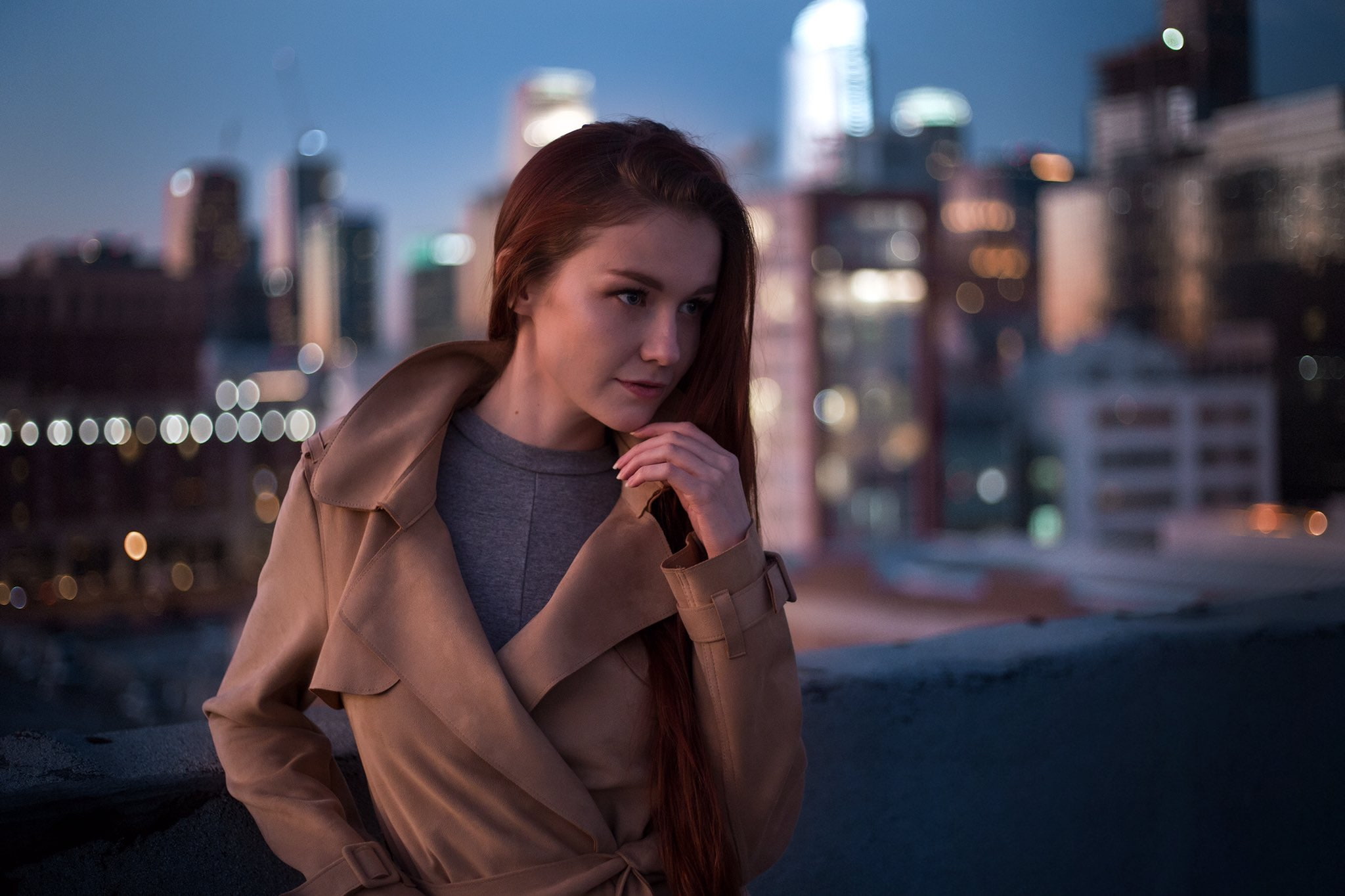 model, Emily Bloom, coats, women, looking away, trench coat, 1080P, redhead, women outdoors, standing, long hair, HD Wallpaper