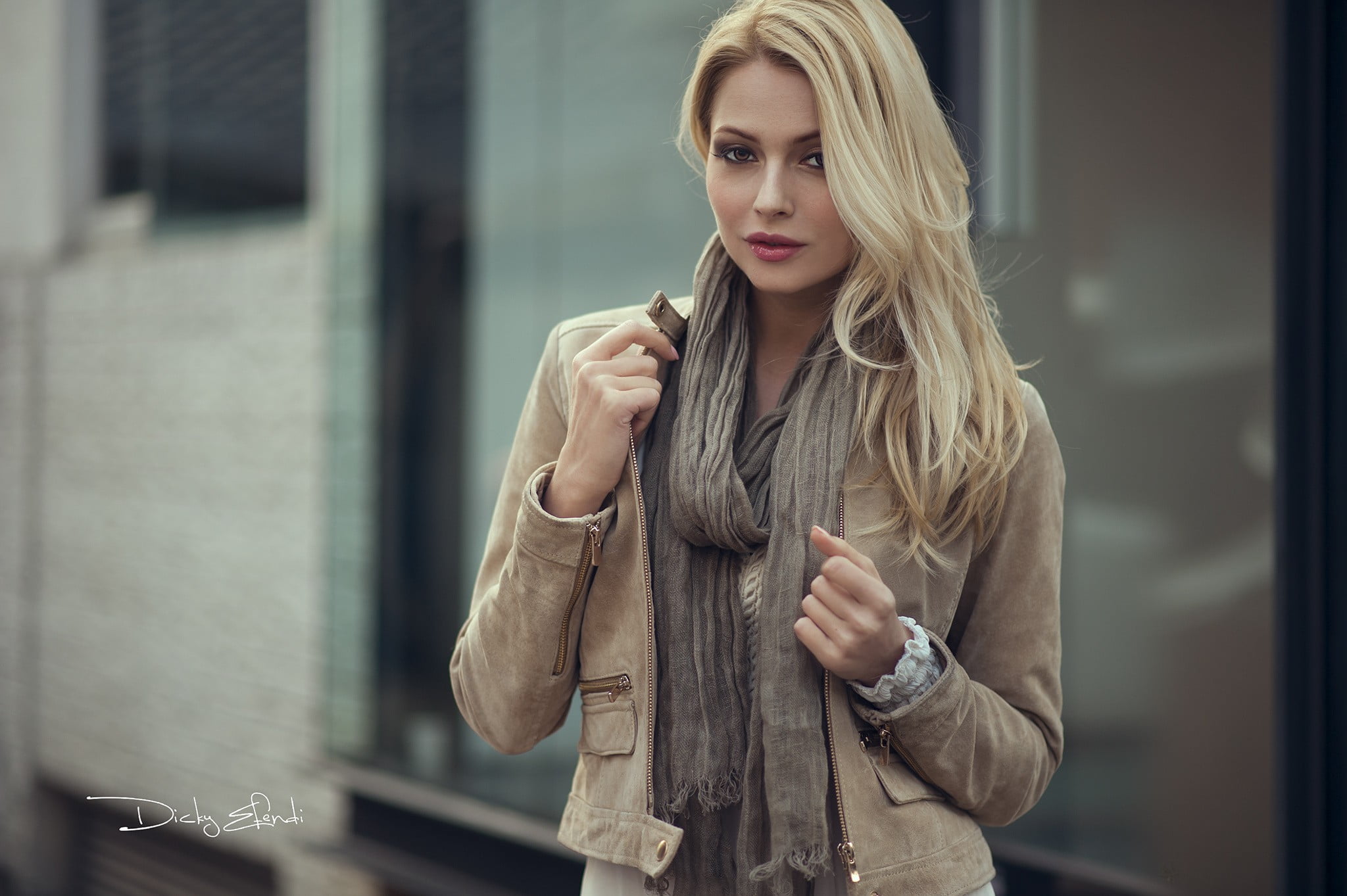 casual clothing, one person, beautiful woman, scarf, beauty, brown eyes, adult, trench coat, Dicky Efendi, hairstyle, young adult, 1080P, blond hair, hair, HD Wallpaper