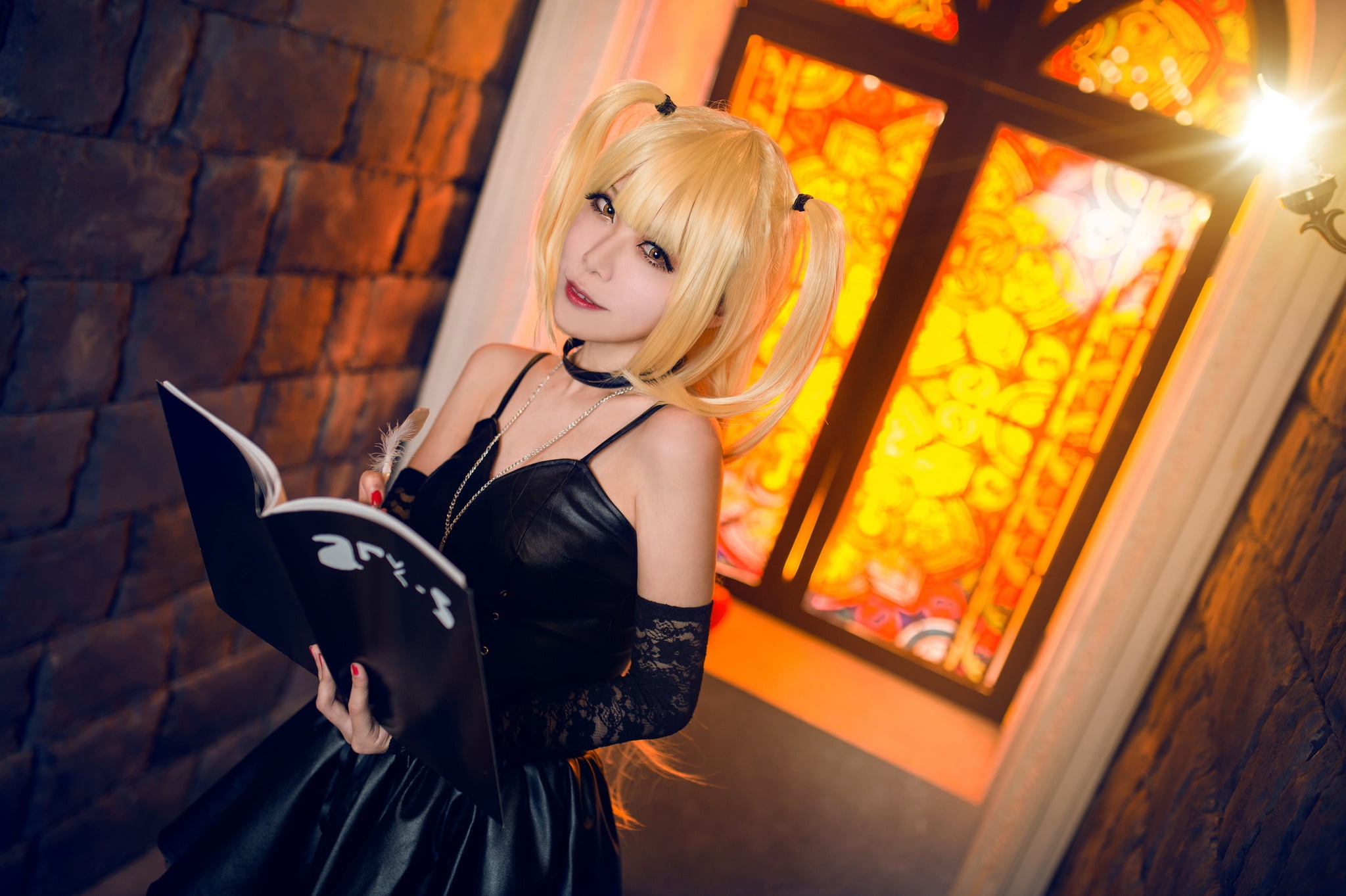 black, girl, book, makeup, costume, look, light, window, wall, style, image, tails, cosplay, outfit, Asian, face, character, blonde, stained glass, dress, HD Wallpaper