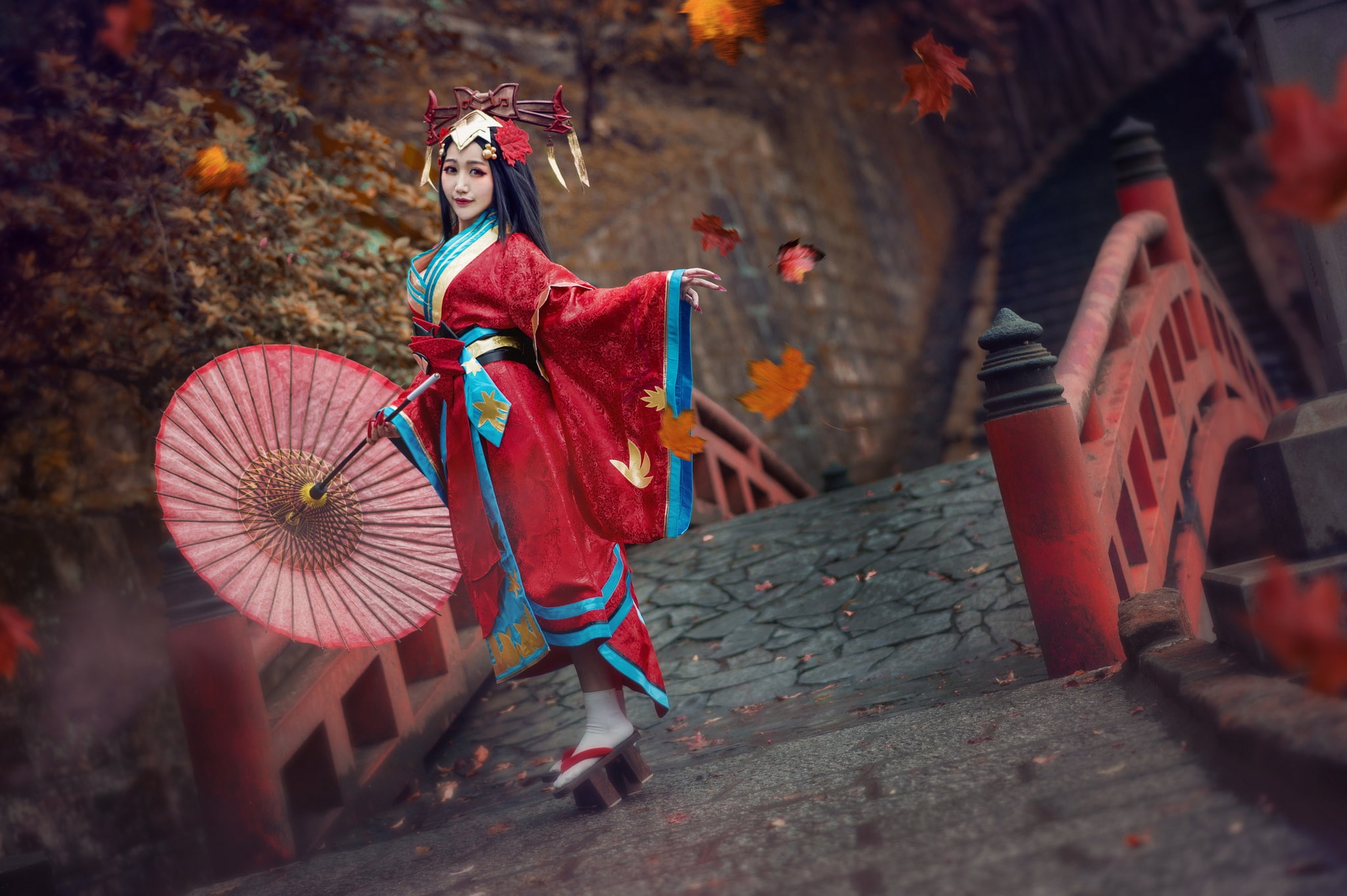 autumn, headdress, cosplay, umbrella, cutie, kimono, hairstyle, 1080P, character, Asian, image, the bridge, style, background, face, look, makeup, dance, HD Wallpaper