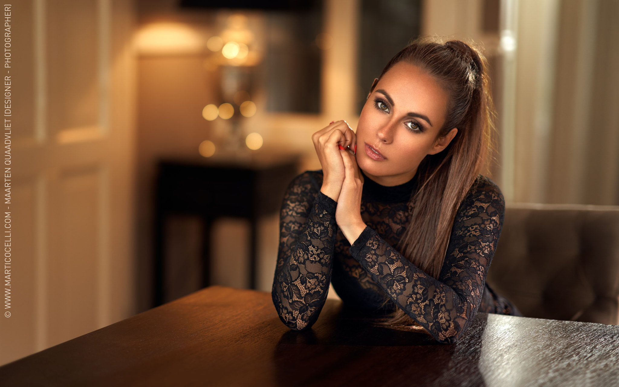 bokeh, portrait, women, red nails, ponytail, table, brunette, 1080P, Leentje Jorissen, Maarten Quaadvliet, HD Wallpaper