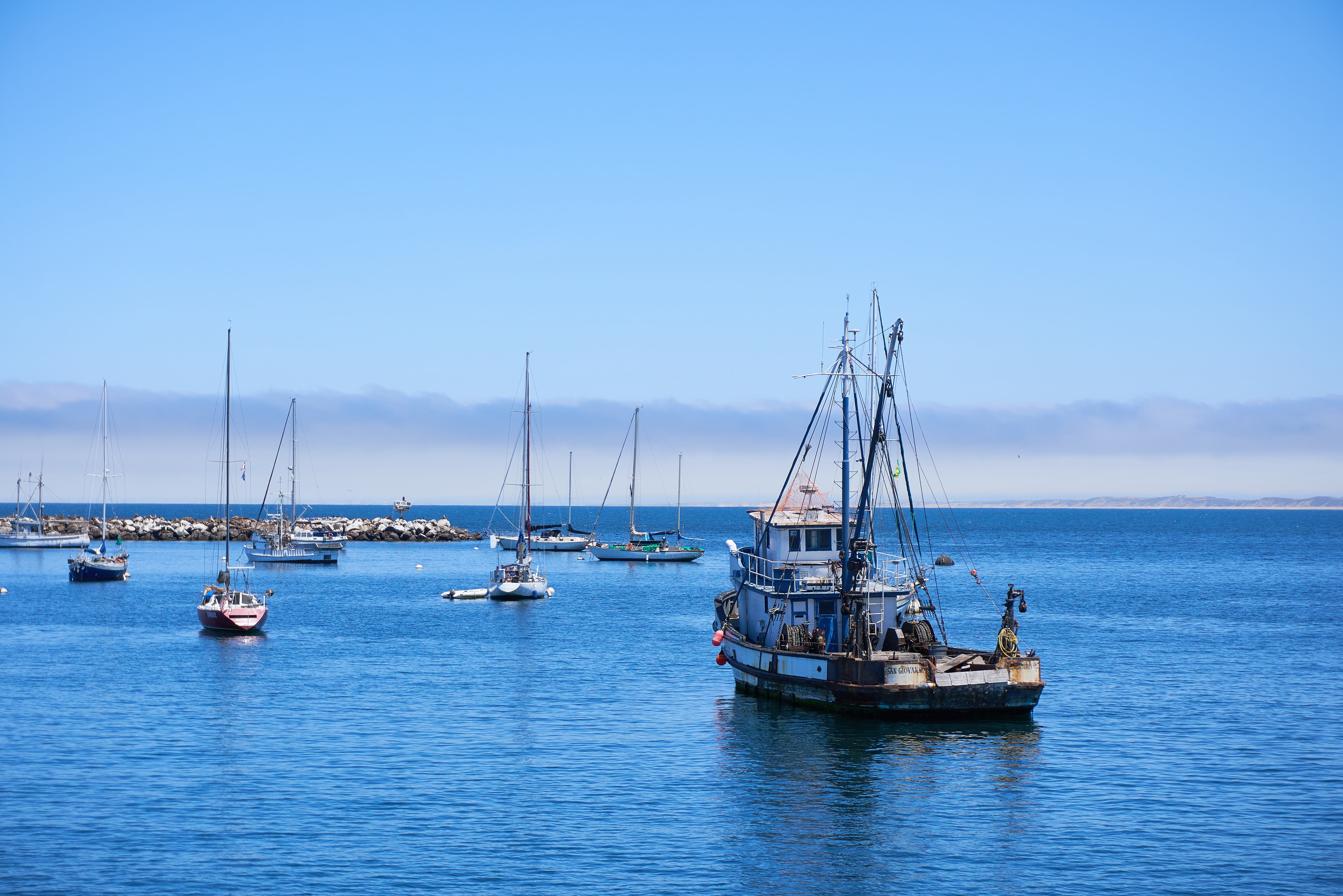 transportation, sailboat, no people, blue, mast, day, beauty in nature, bay, boat, moored, monterey bay whale watch, pole, nature, marina, sea, nautical vessel, HD Wallpaper