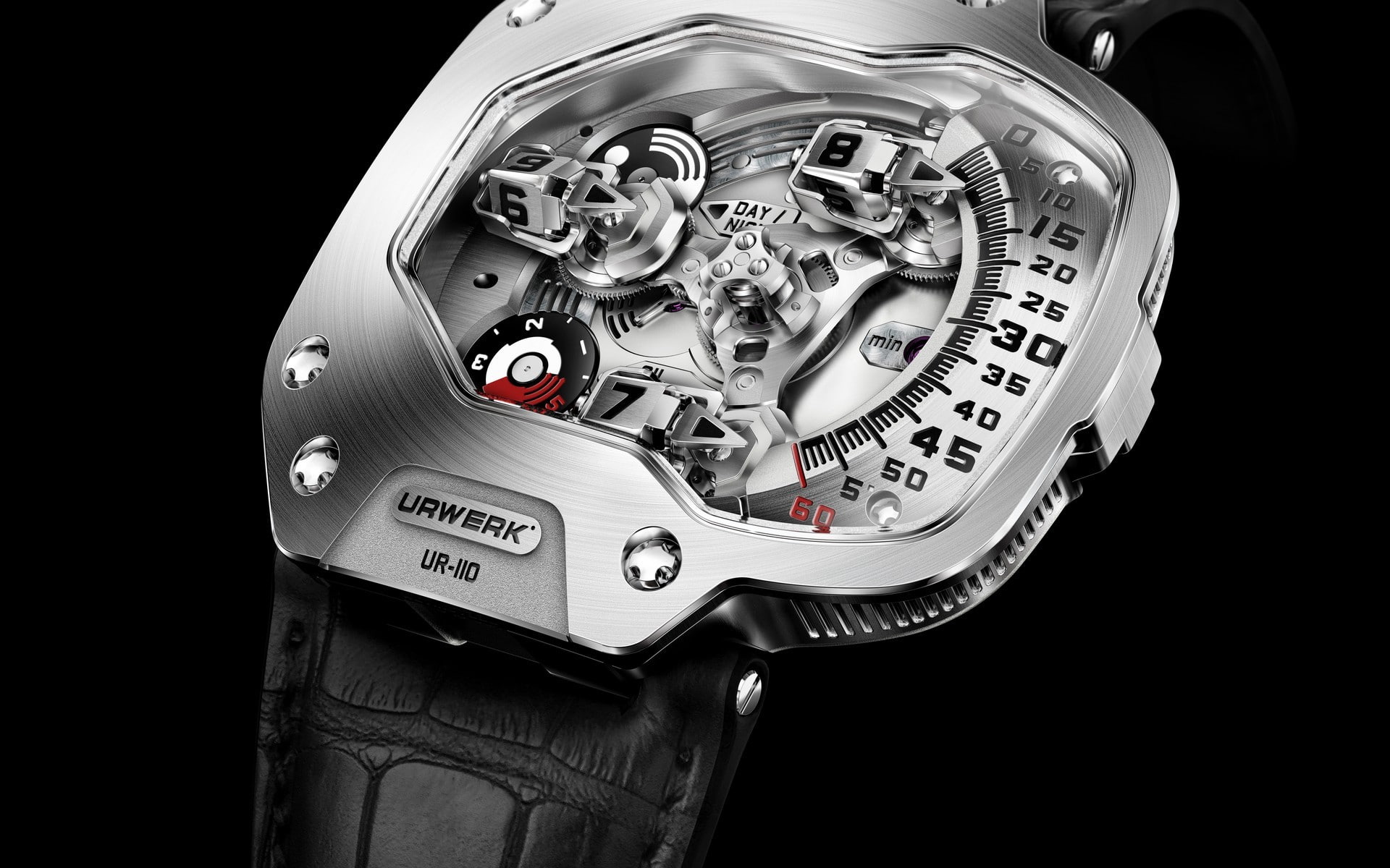 luxury watches, steel, instrument of time, silver colored, technology, black background, clock, time, machine part, indoors, Urwerk, 1080P, studio shot, HD Wallpaper