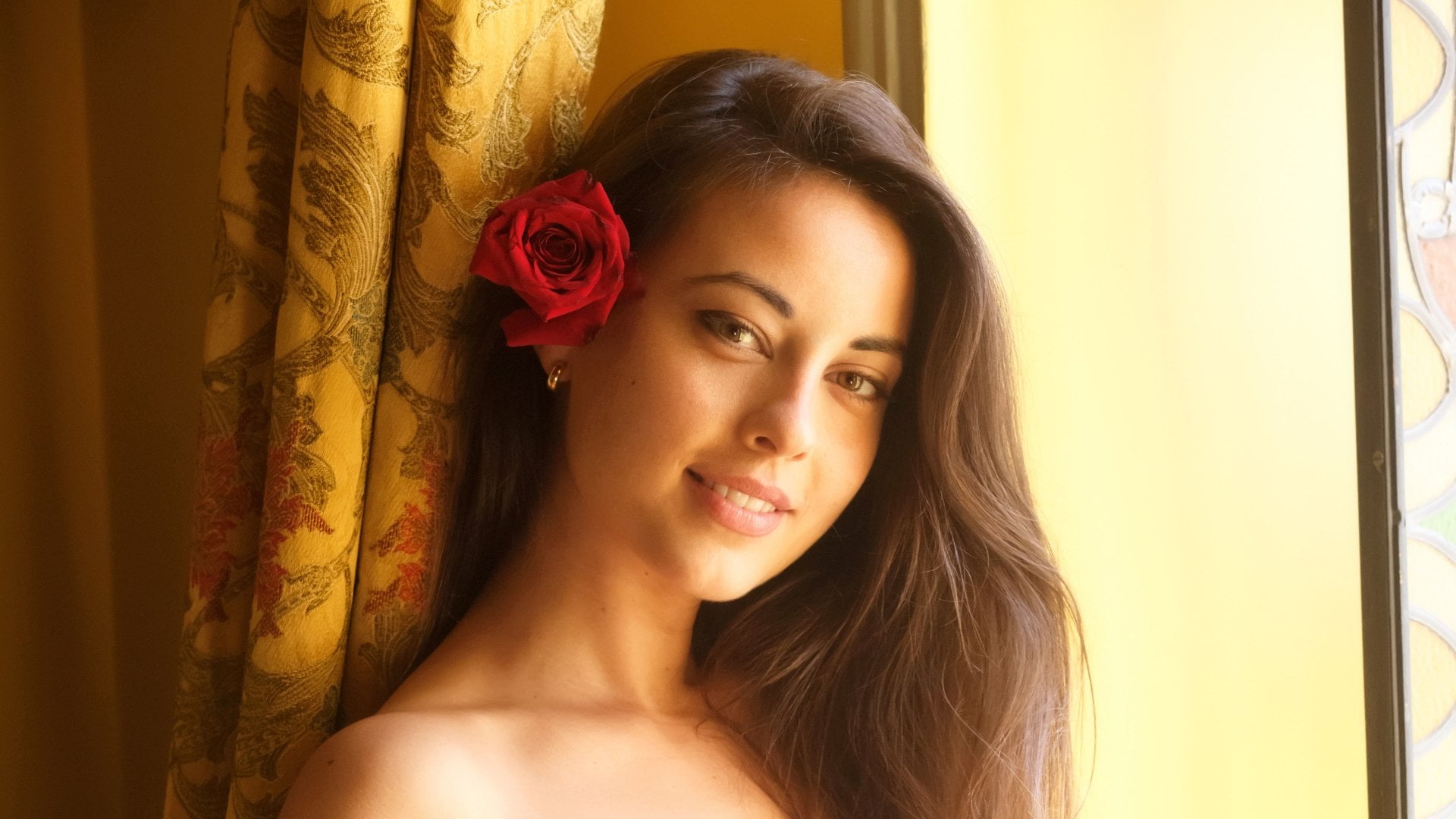 portrait, indoors, Light, flower, young adult, flowering plant, emotion, hairstyle, young women, curtain, headshot, lifestyles, 1080P, Adults, women, Rose, HD Wallpaper