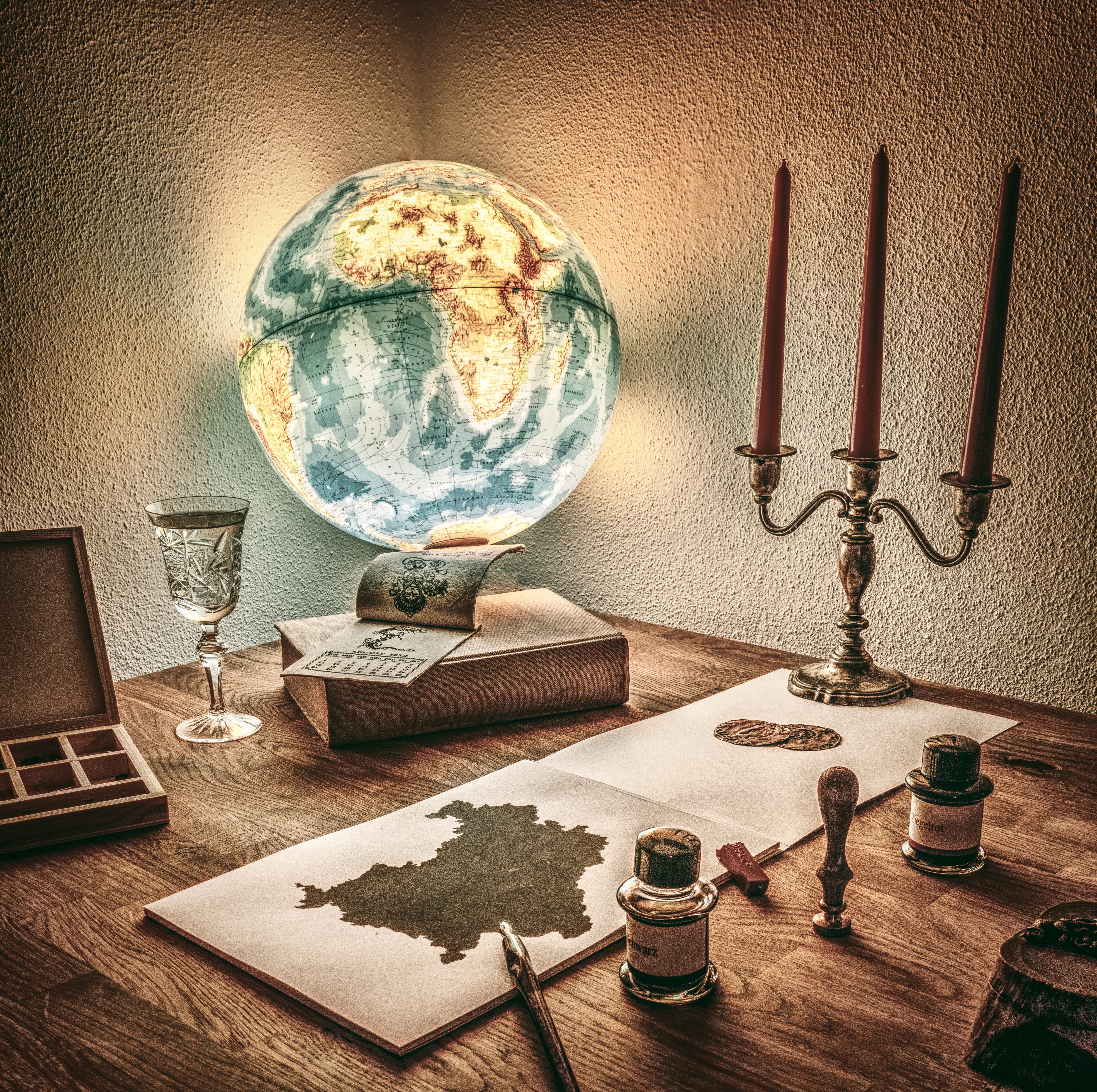 mood, glass, tusche indian ink, globe, wooden table, home interior, atmosphere, workplace, group, architecture, ink, book, furniture, wood - material, HD Wallpaper