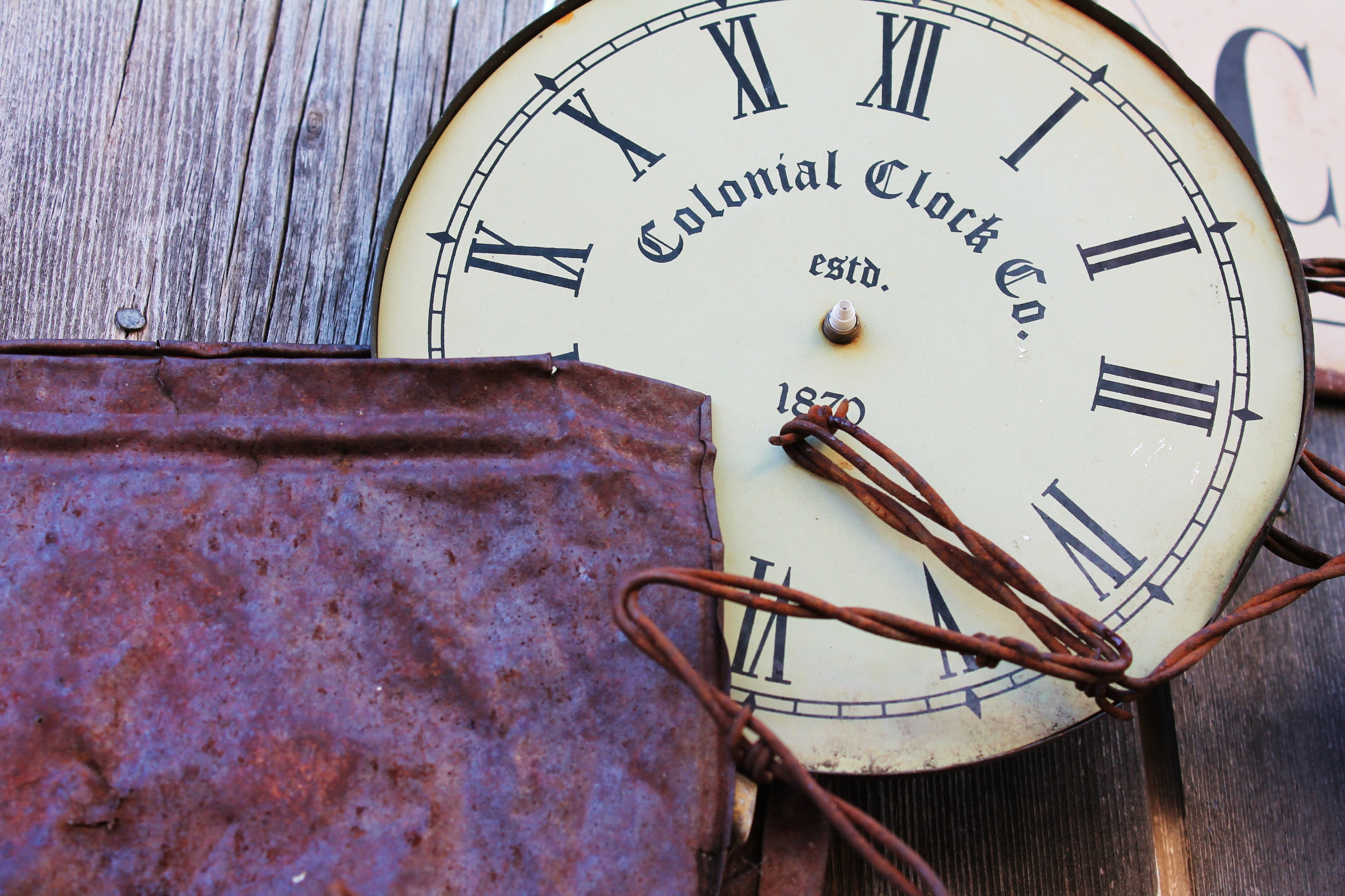 rust, antique, outdoor, clock, number, hour, day, retro, co, round, clock face, built structure, time, no people, minute, time clock, wooden wall, wall, HD Wallpaper