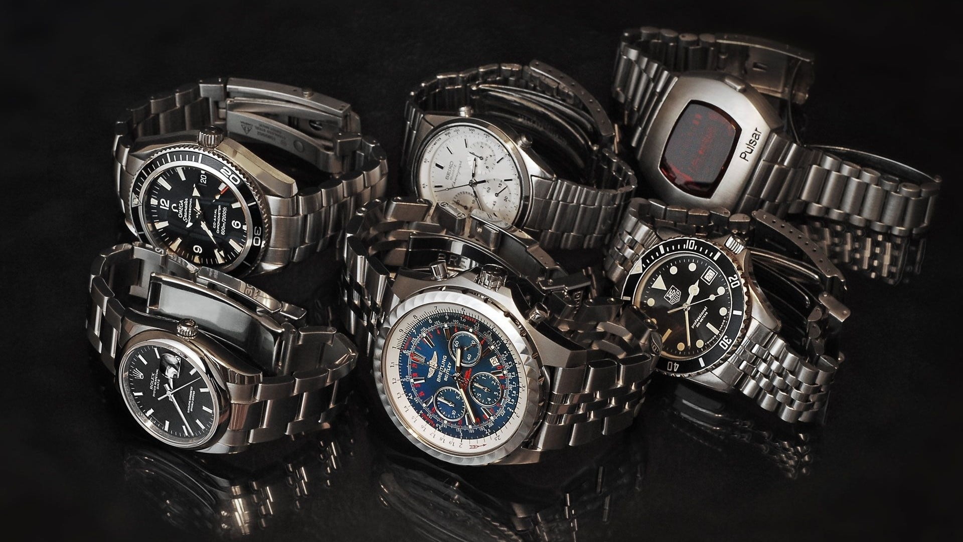 black background, large group of objects, car, retro styled, time, indoors, still life, close-up, transportation, Watches, silver colored, no people, high angle view, HD Wallpaper