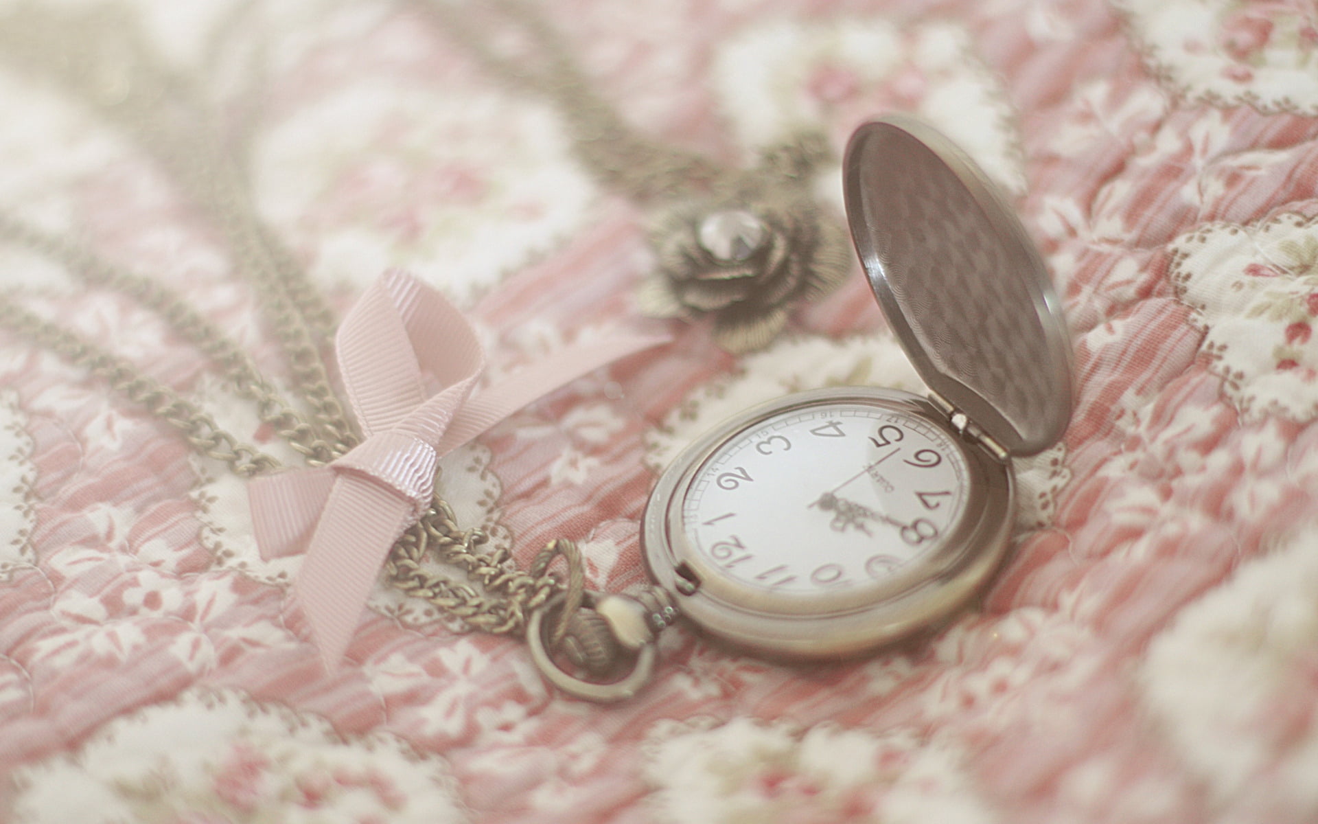 1080P, antique, classic, textile, romance, pattern, pink color, pocket watch, silver - metal, design, watch, elegance, high angle view, bed, still life, HD Wallpaper