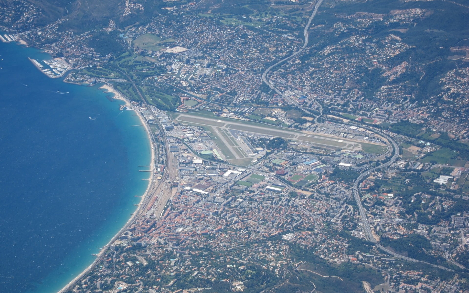 environment, photography, built structure, transportation, view, day, landscape, mid-Air, top view, water, blue, cannes, scenics, airplane, above, air Vehicle, HD Wallpaper