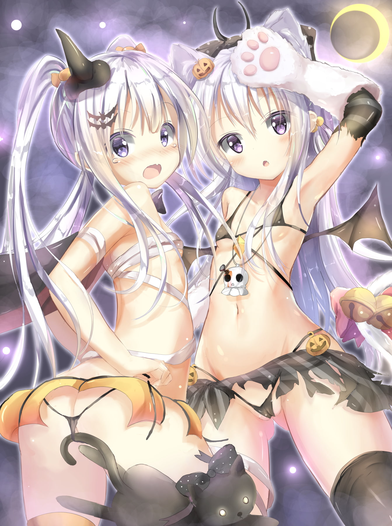 bikini, thigh-highs, Halloween, bandage, 720P, ass, panty pull, two piece swimsuit, torn clothes, cameltoe, thong, cat, Phone HD Wallpaper