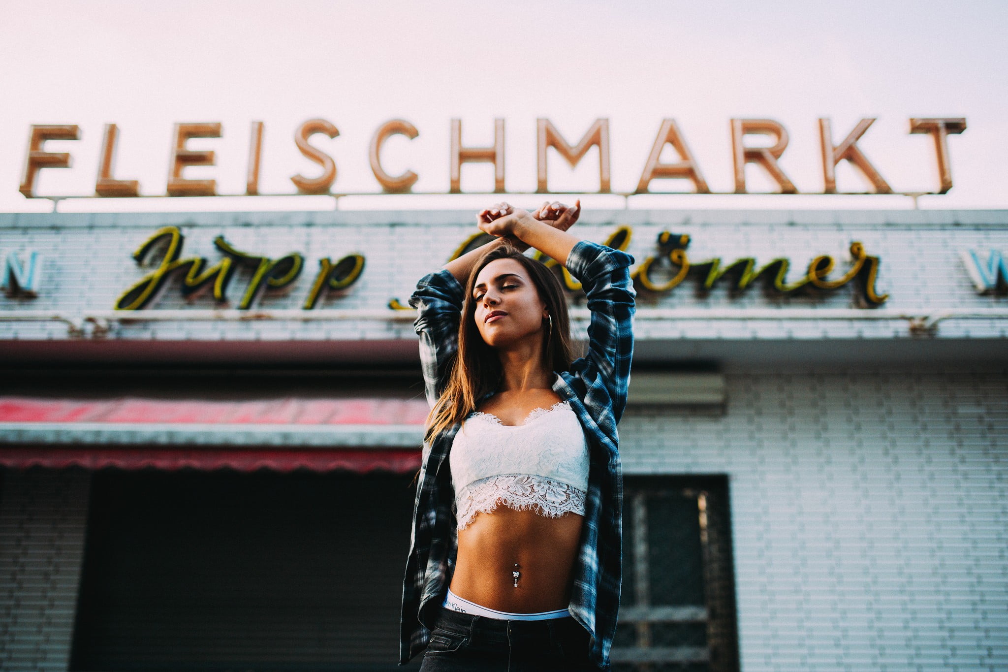 young women, women, pierced navel, beauty, closed eyes, young adult, adult, piercing, communication, outdoors, street, open shirt, text, one person, beautiful woman, HD Wallpaper