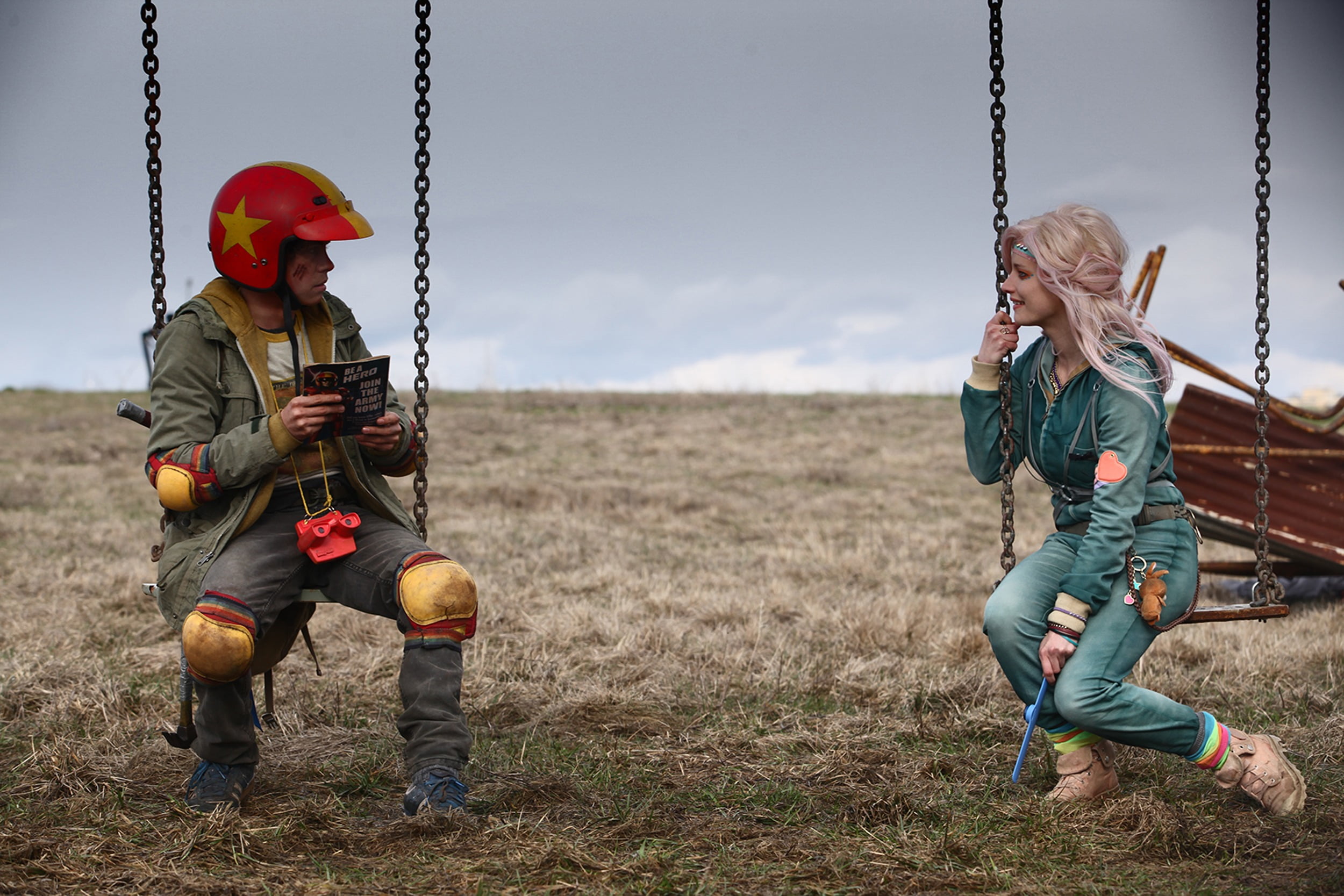 hammocks, two people, family, child, enjoyment, apocalyptic, clothing, uniform, movies, plank, brown, holding, Turbo Kid, 1080P, two, males, plant, sky, HD Wallpaper