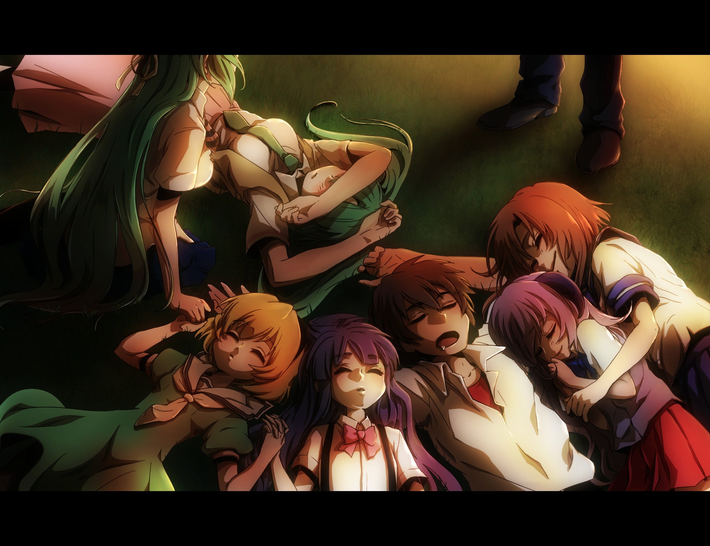 real people, high angle view, transfer print, medium group of people, people, Furude Rika, men, Houjou Satoko, Maebara Keiichi, Sonozaki Mion, lifestyles, HD Wallpaper