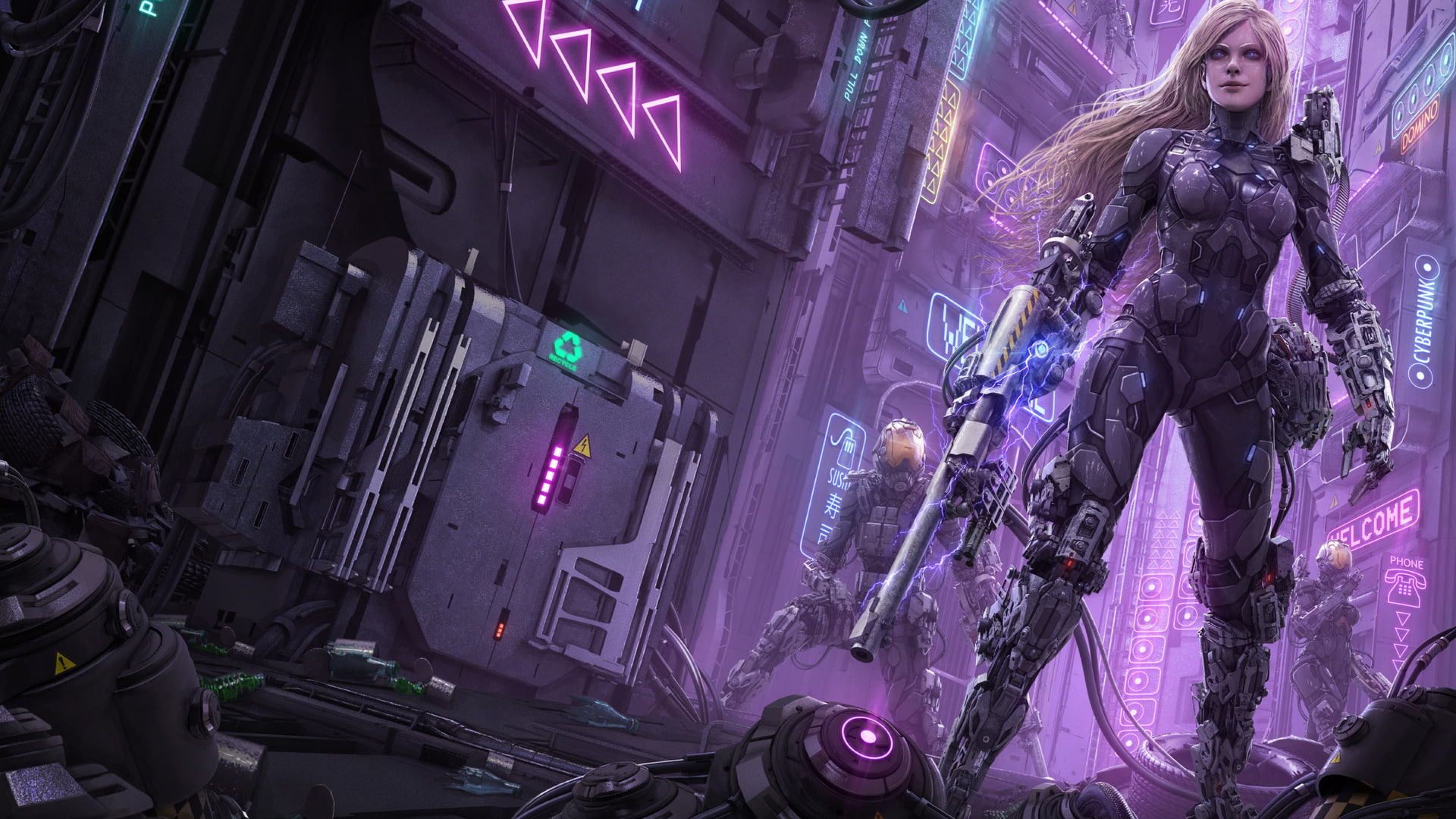 long hair, gun, Rika, cyborg, 1080P, digital art, blonde, HD Wallpaper