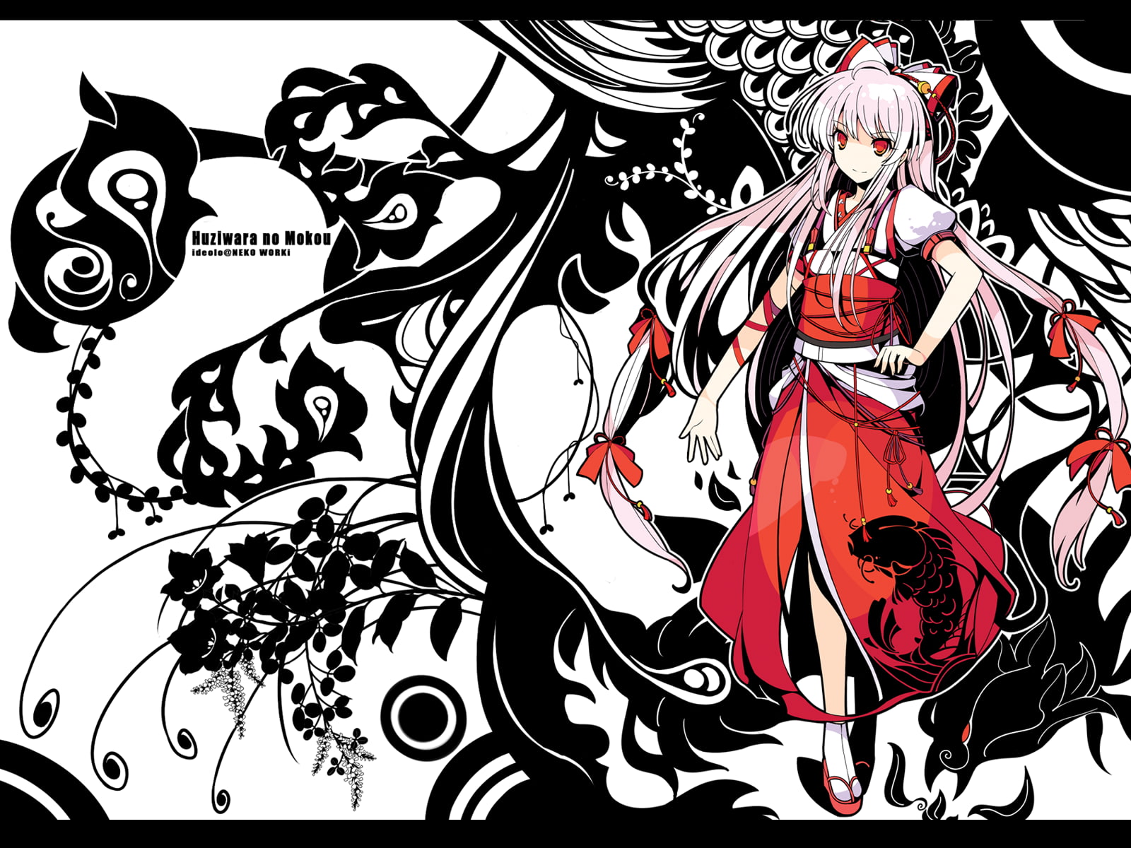 Japanese clothes, socks, Touhou, representation, human representation, bangs, fashion, anime girls, white hair, video games, indoors, 720P, day, long hair, HD Wallpaper