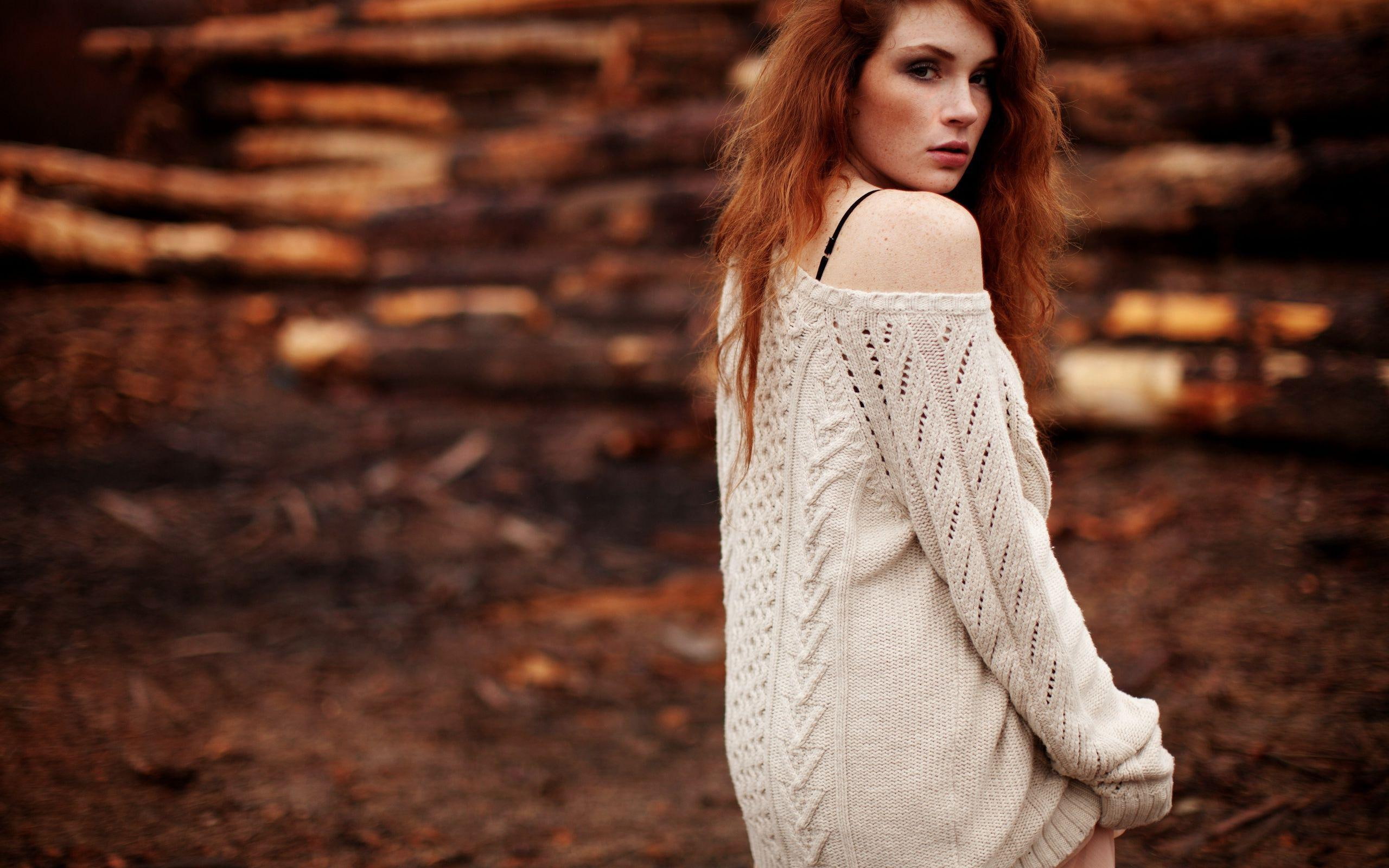 model, redhead, 2560x1600, 2K, girls, woman, white, sweater, knit, HD Wallpaper