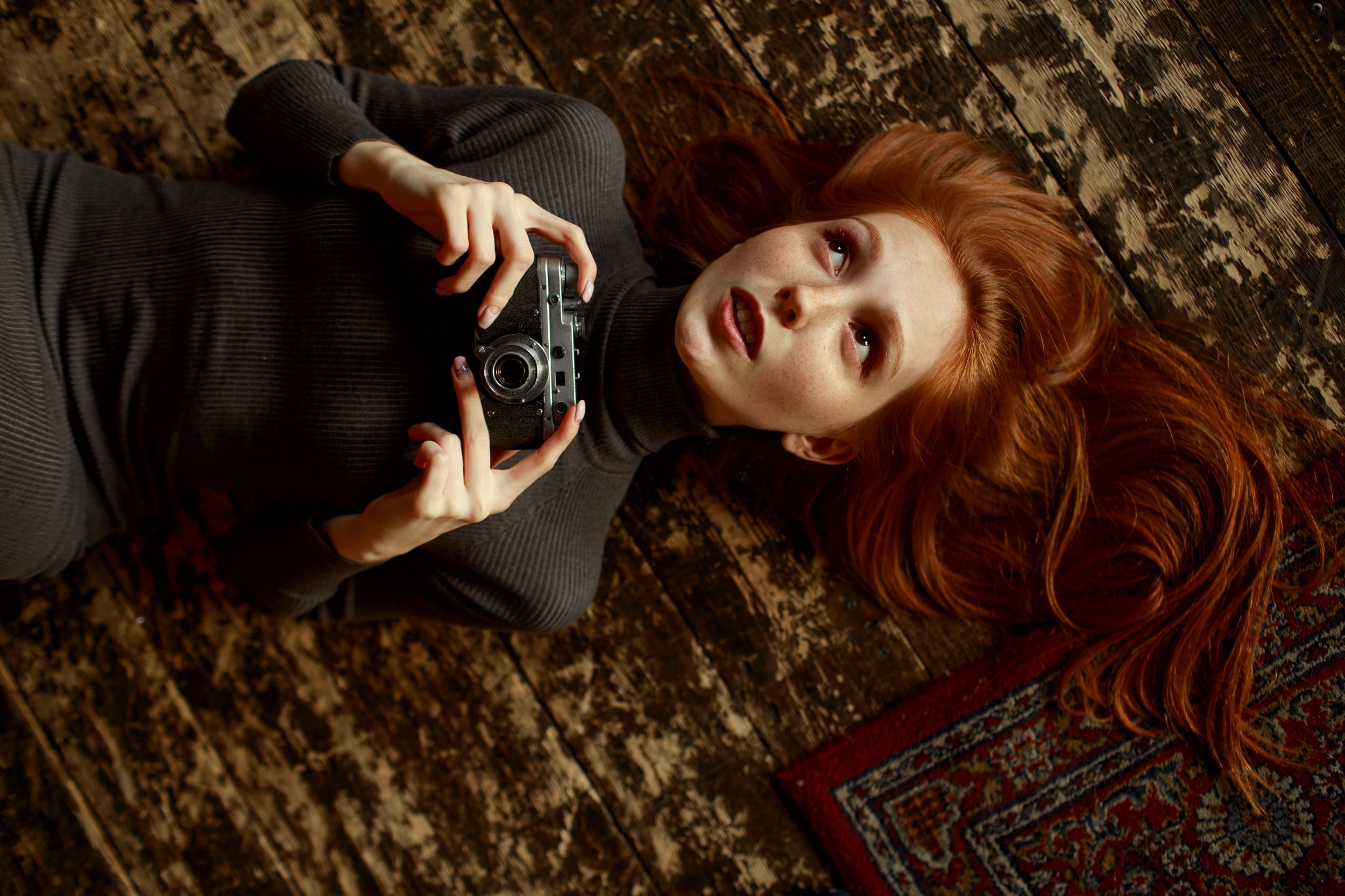turtlenecks, looking up, women indoors, model, freckles, redhead, portrait, long hair, women, 1080P, lying on back, top view, indoors, on the floor, dress, HD Wallpaper