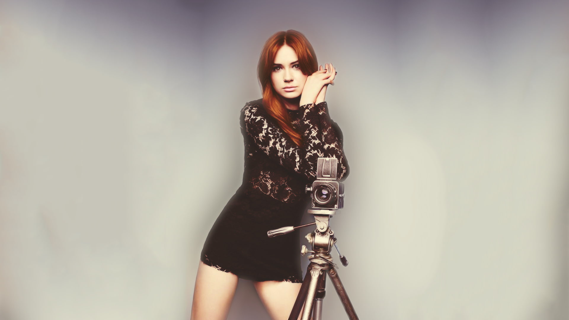 celebrity, model, women, redhead, camera, actress, 1080P, simple background, long hair, looking at viewer, Karen Gillan, HD Wallpaper