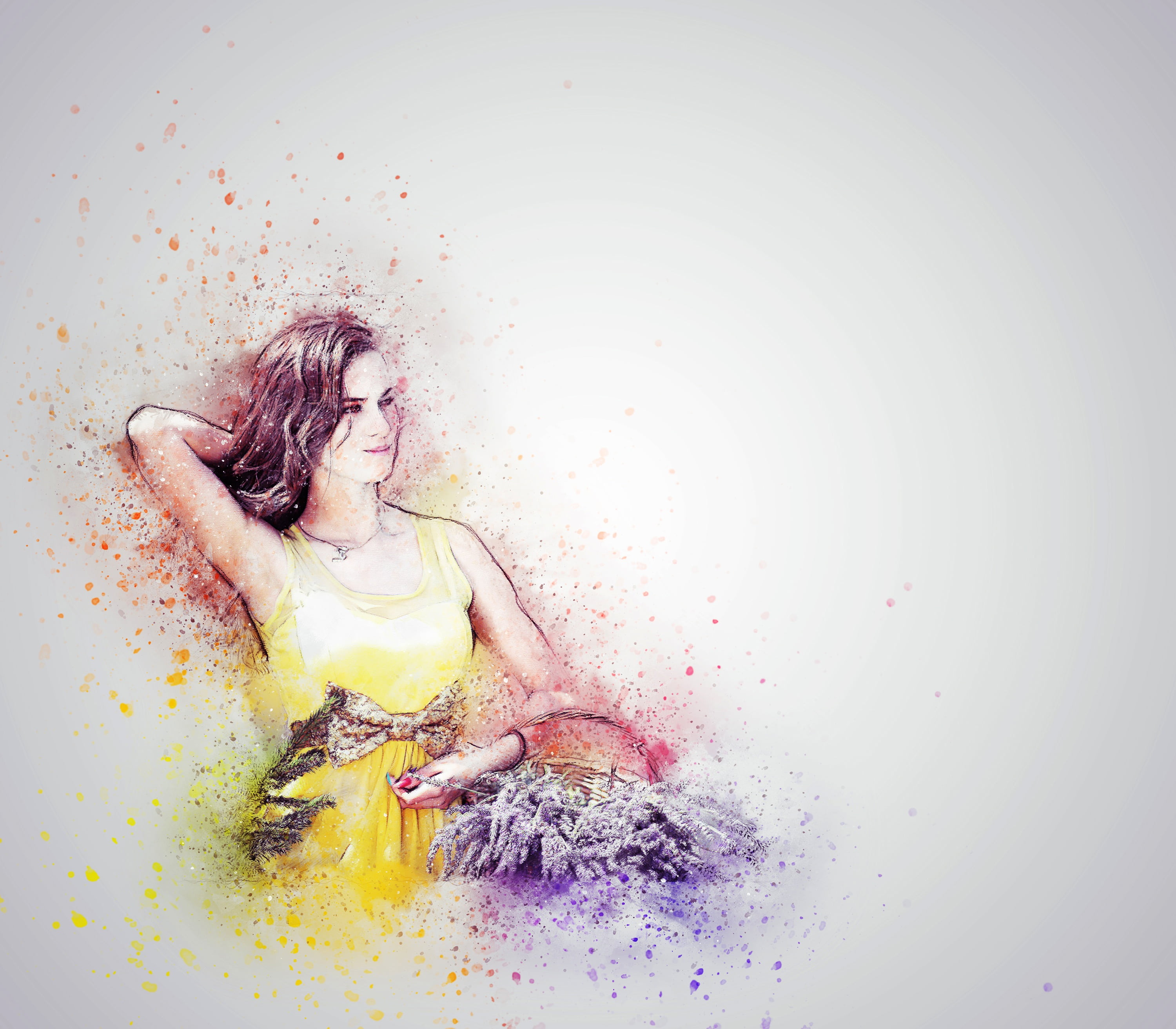 watercolor, dress, long hair, only women, one person, messy, art, basket, yellow, decoration, lifestyles, vintage, shirtless, wet, woman, hairstyle, scrapbooking, HD Wallpaper