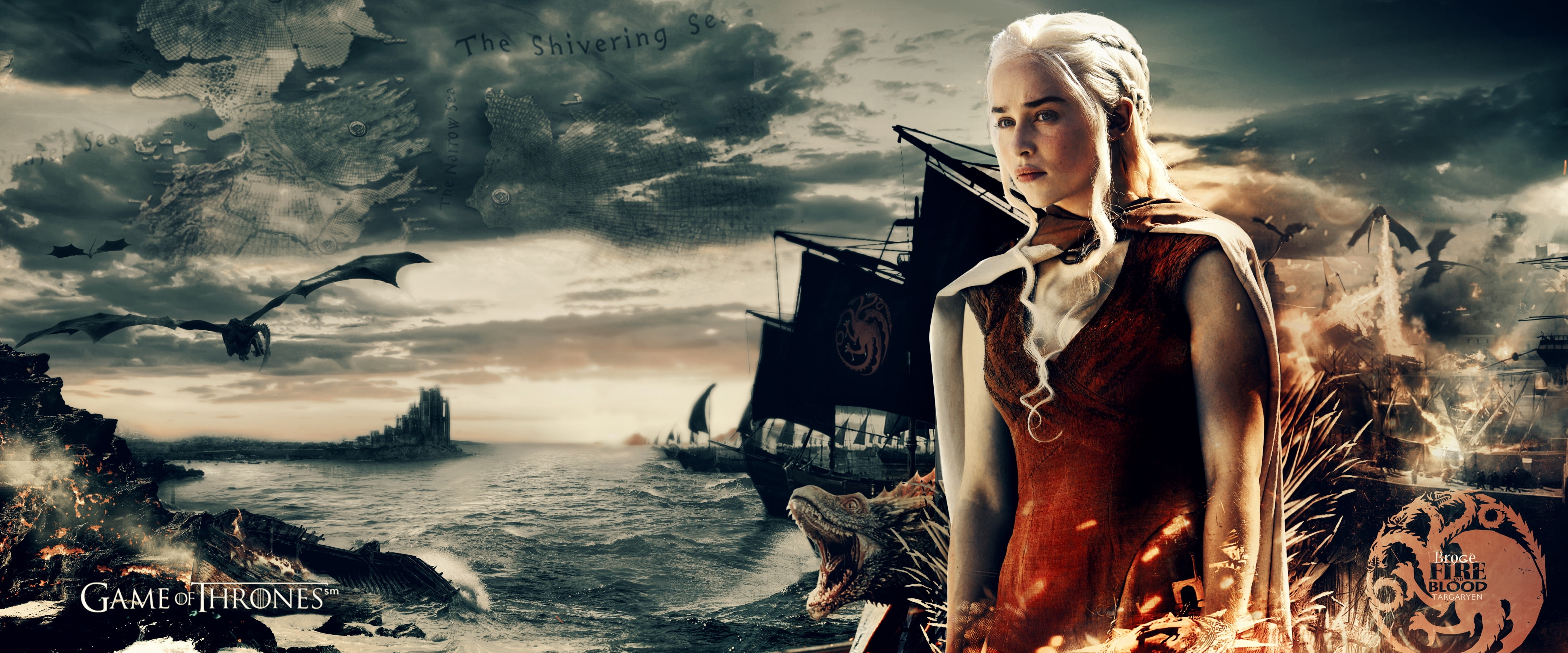 thrones, 5K, cloud - sky, Game of Thrones, motion, sky, people, fantasy, targaryen, land, digital composite, sea, built structure, Movies, tree, building exterior, HD Wallpaper