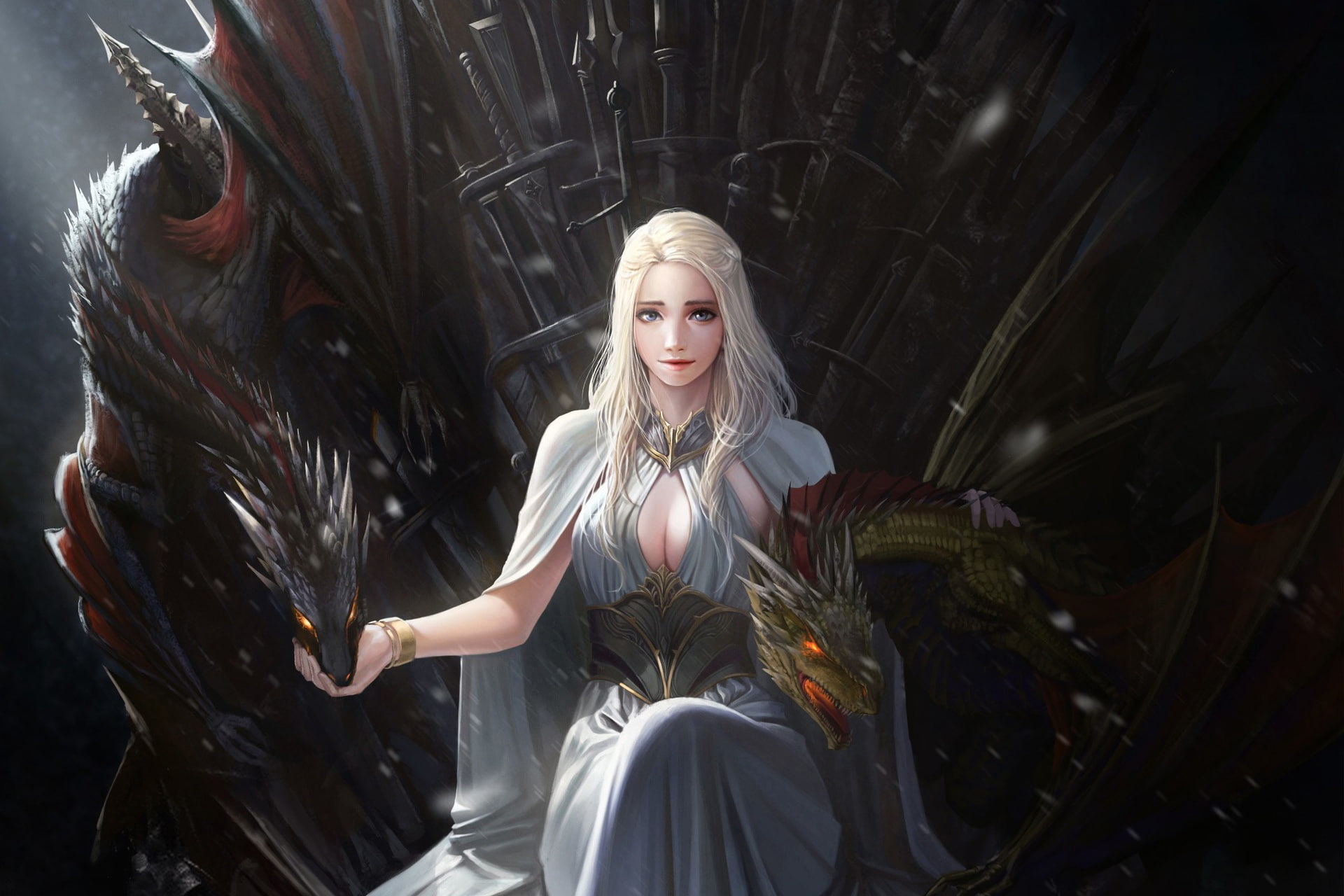 artwork, Khaleesi, girl, princess, 1080P, dragons, throne, swords, TV Series, Game of Thrones, art, films, fantasy, dragon, Daenerys Targaryen, fantasy art, HD Wallpaper