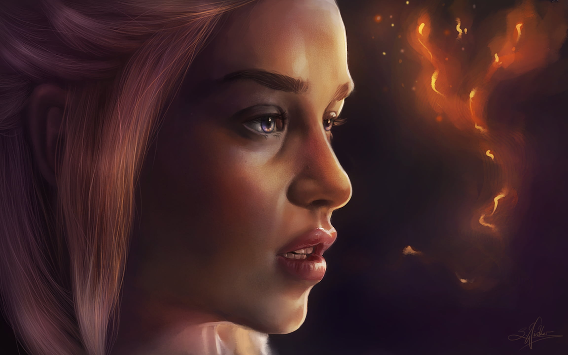 emotion, females, beautiful people, daenerys targaryen, 1080P, girl, beauty, human face, one person, headshot, princess, orange, mother of dragons, black background, HD Wallpaper