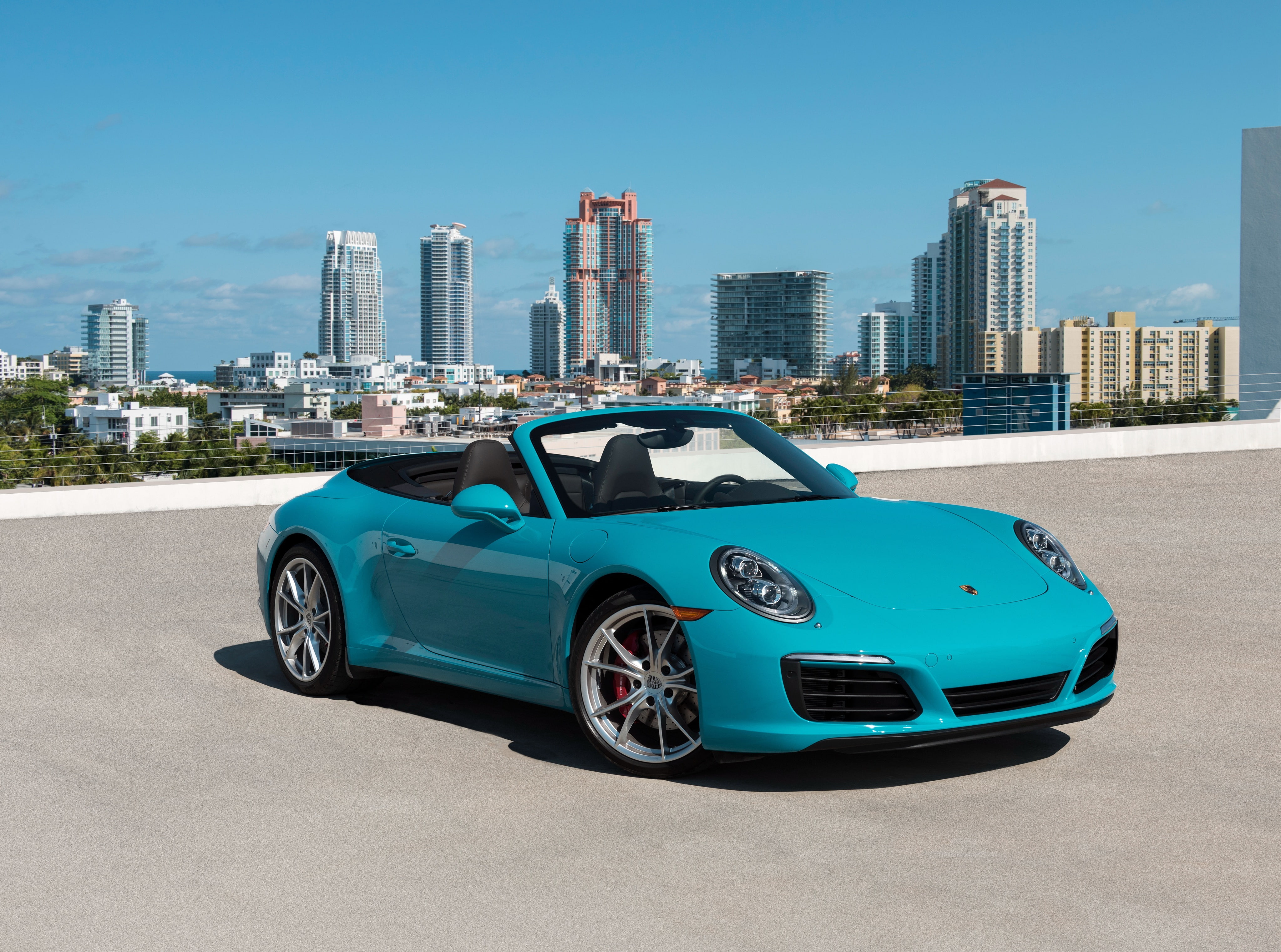 Carrera S, 911, turquoise, Porsche, the city, car, Cabriolet, 4K, skyscrapers, HD Wallpaper
