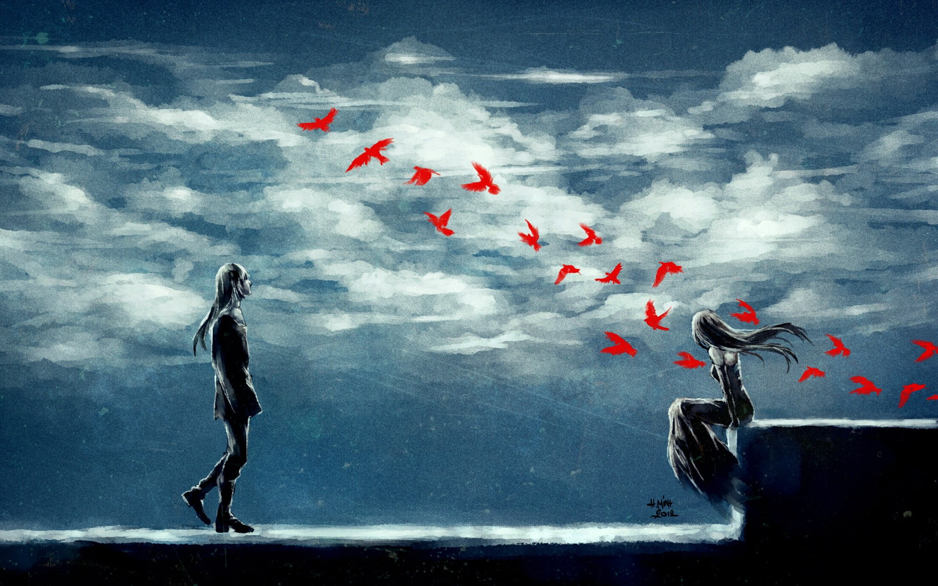 art and craft, group of people, day, flying, digital composite, men, NanFe, painting, sky, love, outdoors, artwork, cloud - sky, birds, adult, water, full length, HD Wallpaper