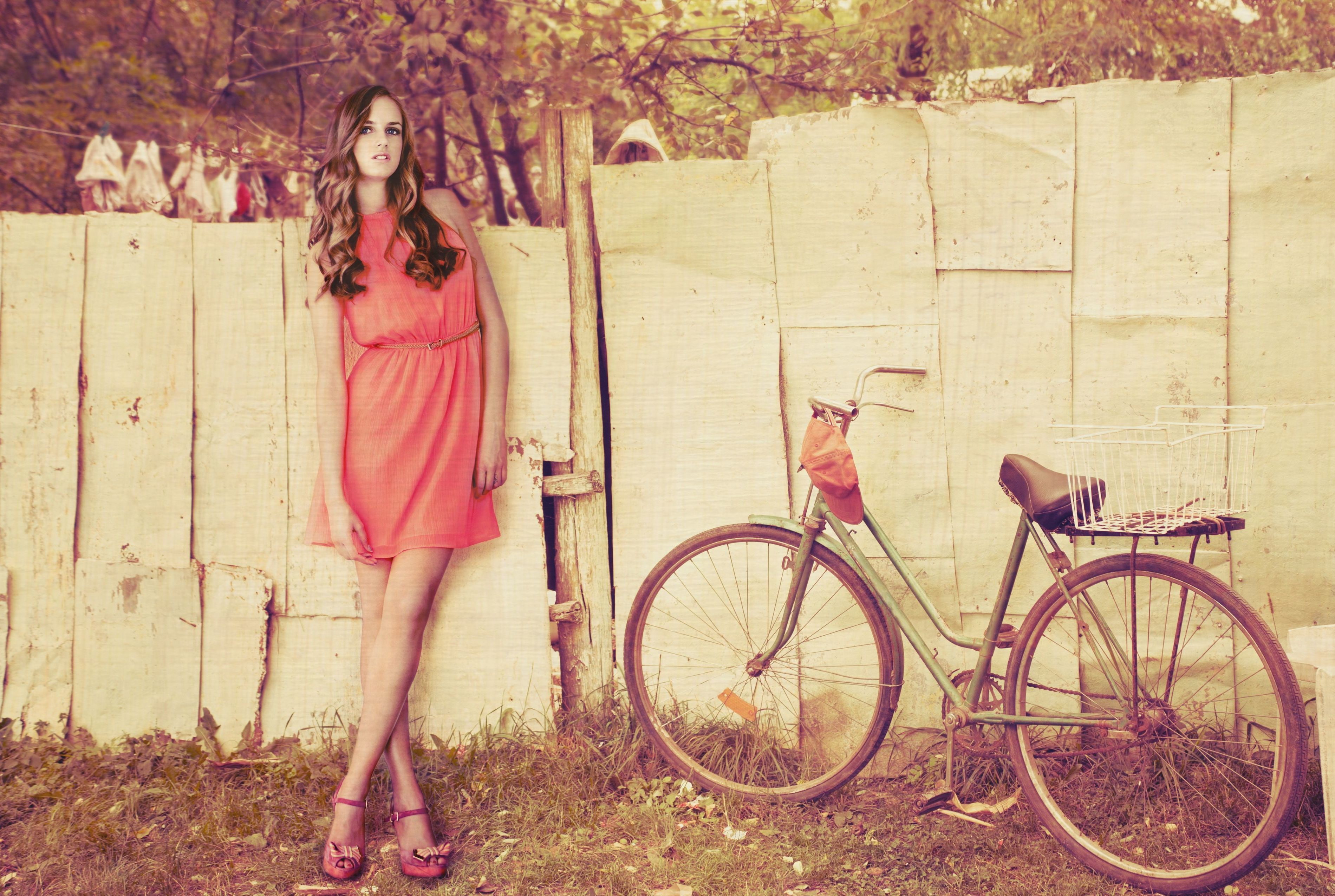 bike, females, s, relaxation, fashion Model, the fence, portrait, fashion, foliage, people, smiling, dress, widescreen, transportation, casual Clothing, HD Wallpaper